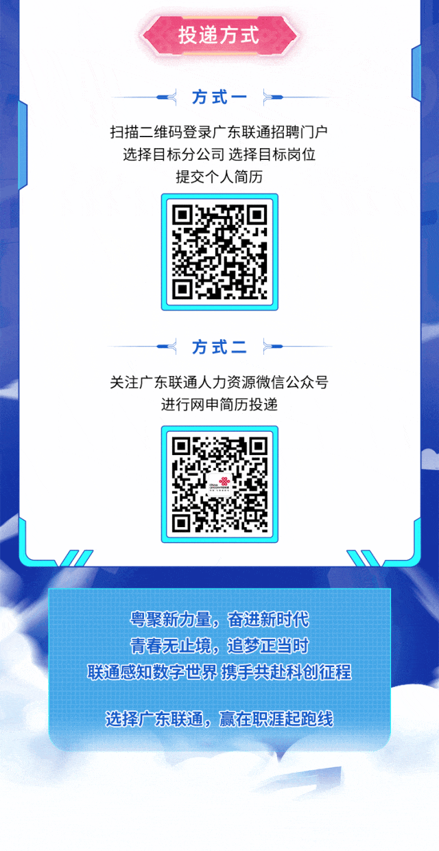 <p>投递方式</p>
<p>方式一-</p>
<p>扫描二维码登录广东联通招聘门户</p>
<p>选择目标分公司选择目标岗位</p>
<p>提交个人简历</p>
<p>粤聚新力量,奋进新时代</p>
<p>青春无上境,追梦正当时</p>
<p>联通感知数字世界携手共赴科创征程</p>
<p>选择广东联通,赢在职涯起跑线</p>

<table>
<tr><td></td>
<td></td>
<td></td>
</tr>
<tr><td colspan="3">一方式二-关注广东联通人力资源微信公众号进行网申简历投递</td>
</tr>
<tr><td></td>
<td></td>
<td></td>
</tr>
<tr><td colspan="3"></td>
</tr>
</table>
