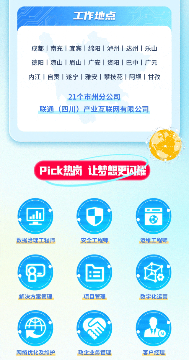 <p>数据治理工程师安全工程师运维工程师</p>
<p> </p>
<p>解决方案管理项目管理数字化运营</p>
<p>4十</p>
<p>网络优化及维护政企业务管理客户经理</p>

<table>
<tr><td colspan="2">工作地点</td>
</tr>
<tr><td colspan="2">成都|南充|宜宾|绵阳|泸州|达州|乐山德阳1凉山|眉山|广安|资阳|巴中I广元内江|自贡|遂宁|雅安|攀枝花|阿坝|甘孜21个市州分公司联通(四川)产业互联网有限公司, Pick热岗让梦想更囚耀</td>
</tr>
<tr><td></td>
<td></td>
</tr>
<tr><td>型</td>
<td></td>
</tr>
</table>
