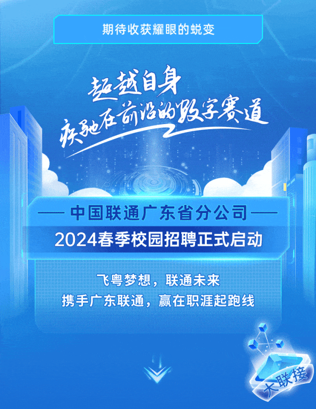 <p>期待收获耀眼的蜕变</p>
<p>起越自身</p>
<p>在前沿的毁字赛道</p>
<p>庆驰2</p>
<p>-中国联通广东省分公司一</p>
<p>2024春季校园招聘正式启动</p>
<p>飞粤梦想, 联通未来</p>
<p>携手广东联通,赢在职涯起跑线</p>
