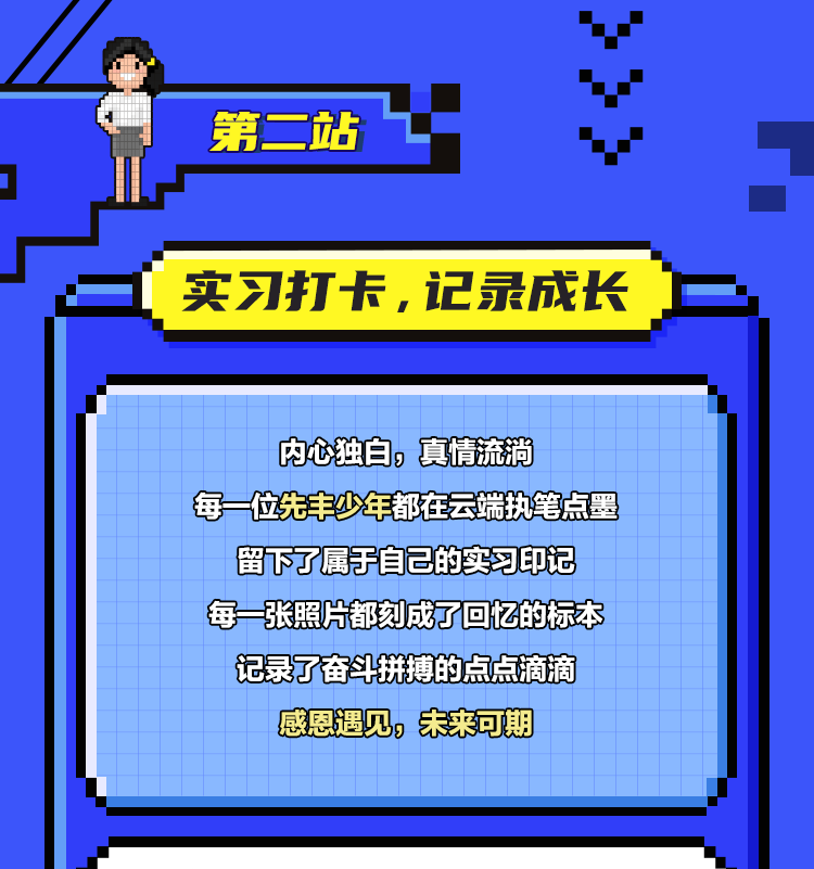 <p>第二站</p>
<p>实习打卡，记录成长</p>
<p>内心独白，真情流淌</p>
<p>每一位先丰少年都在云端执笔点墨</p>
<p>留下了属于自己的实习印记<br/>每一张照片都刻成了回忆的标本<br/>记录了奋斗拼搏的点点滴滴</p>
<p>感恩遇见，未来可期</p>
