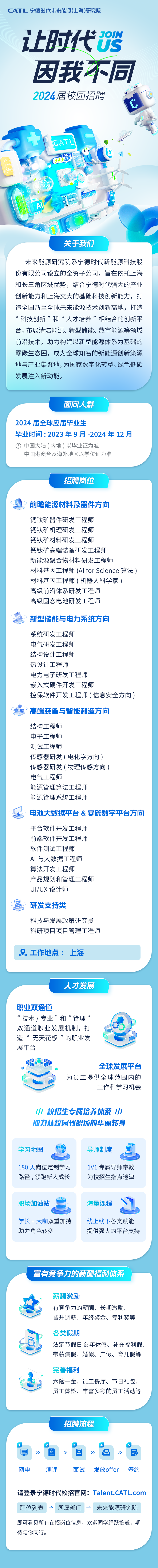 <p>C A 1 L宁德时代未来能源( 上海)研究院</p>
<p>JOIN</p>
<p>让时代</p>
<p>US</p>
<p>因我不同</p>
<p>2024届校园招聘</p>
<p>CATL</p>
<p>3007501</p>
<p>HYUP</p>
<p>州超</p>
<p>关于我们</p>
<p>未来能源研究院系宁德时代新能源科技股</p>
<p>份有限公司设立的全资子公司,旨在依托上海</p>
<p>和长三角区域优势,结合宁德时代强大的产业</p>
<p>创新能力和上海交大的基础科技创新能力,打</p>
<p>造全国乃至全球未来能源技术创新高地,打造</p>
<p>“科技创新”和“人才培养”相结合的创新平</p>
<p>台,布局清洁能源、新型储能、数字能源等领域</p>
<p>前沿技术,助力构建以新型能源体系为基础的</p>
<p>零碳生态圈,成为全球知名的新能源创新策源</p>
<p>地与产业集聚地,为国家数字化转型、绿色低碳</p>
<p>发展注入新动能。</p>
<p>面向人群</p>
<p>2024届全球应届毕业生</p>
<p>毕业时间2023年9月-2024年12月</p>
<p>①中国大陆(内地)以毕业证为准</p>
<p>中国港澳台及海外地区以学位证为准</p>
<p>招聘岗位</p>
<p>前瞻能源材料及器件方向</p>
<p>钙钛矿器件研发工程师</p>
<p>钙钛矿机理研发工程师</p>
<p>钙钛矿材料研发工程师</p>
<p>钙钛矿高端装备研发工程师</p>
<p>新能源聚合物材料研发工程师</p>
<p>材料基因工程师(Al for Science算法)</p>
<p>材料基因工程师(机器人科学家)</p>
<p>高级前沿体系研发工程师</p>
<p>高级固态电池研发工程师</p>
<p>新型储能与电力系统方向</p>
<p>系统研发工程师</p>
<p>电气研发工程师</p>
<p>结构设计工程师</p>
<p>热设计工程师</p>
<p>电力电子研发工程师</p>
<p>嵌入式硬件开发工程师</p>
<p>控保软件开发工程师(信息安全方向)</p>
<p>>高端装备与智能制造方向</p>
<p>结构工程师</p>
<p>电子工程帅</p>
<p>测试工程师</p>
<p>传感器研发(电化学方向)</p>
<p>传感器研发(物理传感方向)</p>
<p>电气工程师</p>
<p>能源管理算法工程师</p>
<p>能源管理系统工程师</p>
<p>电池大数据平台&零碳数字平台方向</p>
<p>平台软件开发工程师</p>
<p>前端软件开发工程师</p>
<p>软件测试工程师</p>
<p>AI与大数据工程师</p>
<p>算法开发工程师</p>
<p>产品规划和管理工程师</p>
<p>UI/UX设计师</p>
<p>唇研发支持类</p>
<p>科技与发展政策研究员</p>
<p>科研项目项目管理工程师</p>
<p>&工作地点:上海</p>
<p>人才发展</p>
<p>职业双通道</p>
<p>“技术/专业”和“管理’</p>
<p>双通道职业发展机制,打</p>
<p>造“无天花板”的职业发</p>
<p>展平台</p>
<p>全球发展平台</p>
<p>为员工提供全球范围内的</p>
<p>工作和学习机会</p>
<p>川校招生专属培养体系1/</p>
<p>助力从校园到职场的华丽转身</p>
<p>学习地图导师制度</p>
<p>180天岗位定制学习1V1专属导师带教</p>
<p>路径,领跑新人成长为校招生指点迷津</p>
<p>职场加油站海量课程</p>
<p>学长+大咖双重加持线上线下各类赋能</p>
<p>助力角色转变提供强大的平台支持</p>
<p>富有竞争力的薪酬福利体系</p>
<p>薪酬激励</p>
<p>有竞争力的薪酬、长期激励、</p>
<p>晋升调薪、年终奖金、专利奖等</p>
<p>各类假期</p>
<p>法定节假日&年休假、补充福利假、</p>
<p>带薪病假、婚假、产假、育儿假等</p>
<p>完善福利</p>
<p>六险一金、员工餐厅、节日礼包、</p>
<p>员工体检、丰富多彩的员工活动等</p>
<p>招聘流程</p>
<p>    </p>
<p>早》》&》尽》目</p>
<p>网申测评面试发放offer签约</p>
<p>请登录宁德时代校招官网: Talent.CATL.com</p>
<p>职位列表所属部广]一未来能源研究院</p>
<p>即可看见所有在招岗位信息,欢迎同学踊跃投递,期</p>
<p>待与你同行。</p>
