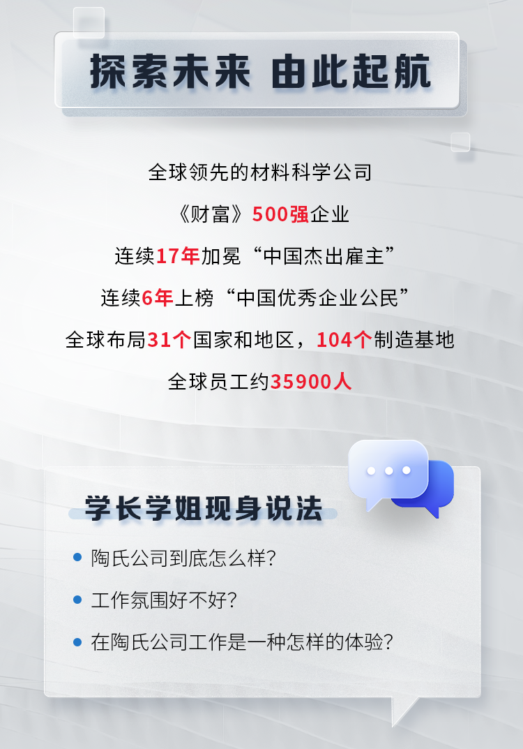 <p>探索未来 由此起航</p>
<p>全球领先的材料科学公司</p>
<p>《财富》500强企业</p>
<p>连续17年加冕“中国杰出雇主”<br/>连续6年上榜“中国优秀企业公民”</p>
<p>全球布局31个国家和地区，104个制造基地</p>
<p>全球员工约35900人</p>
<p>学长学姐现身说法<br/>陶氏公司到底怎么样?</p>
<p>工作氛围好不好?</p>
<p>在陶氏公司工作是一种怎样的体验?</p>

