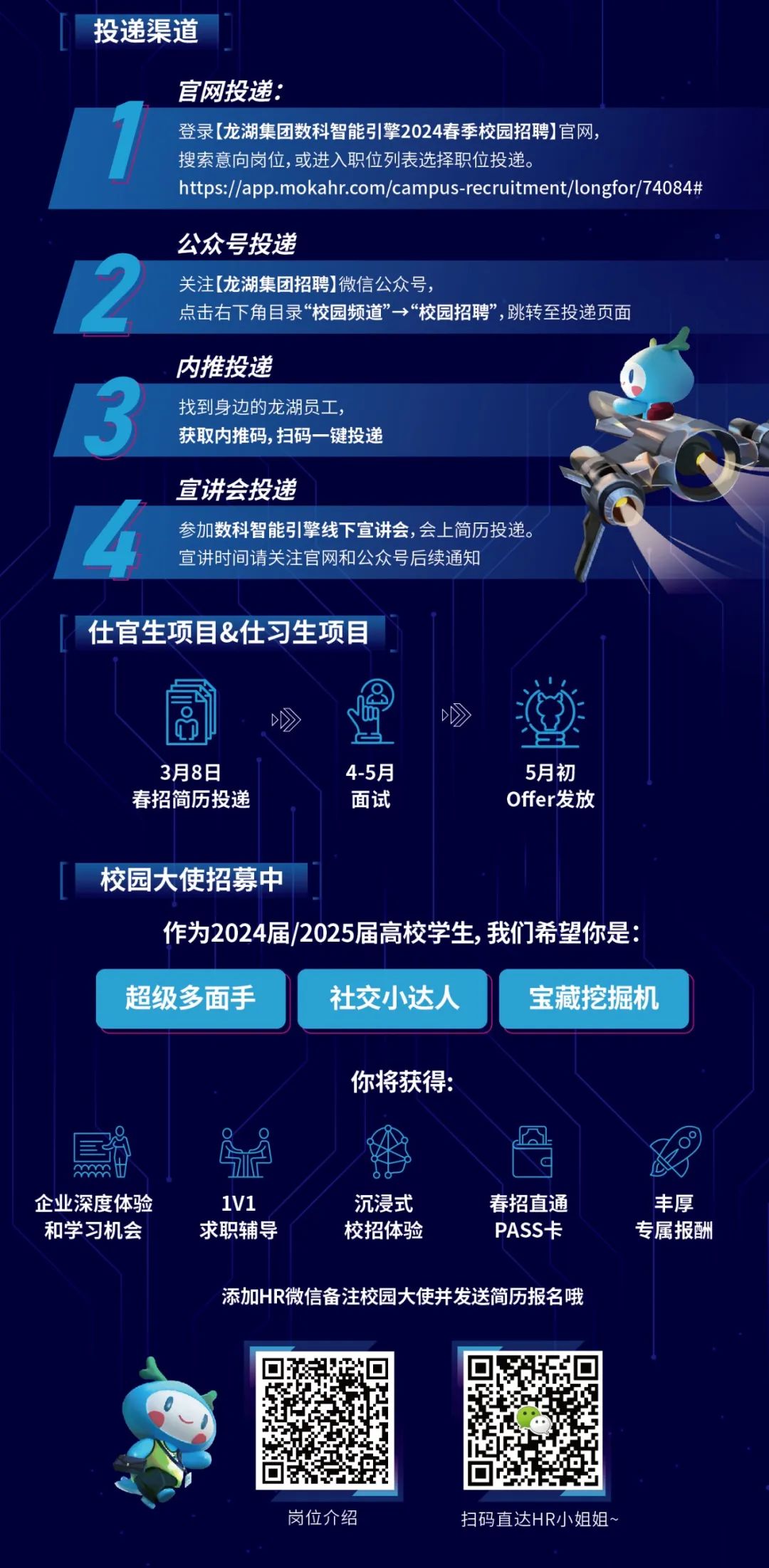 <p>投递渠道</p>
<p>官网投递:</p>
<p>登录[龙湖集团数科智能引擎2024春季校园招聘]官网，</p>
<p>搜索意向岗位,或进入职位列表选择职位投递。</p>
<p>https://app.mokahr.com/campus-recruitment/longfor/74084#</p>
<p>公众号投递</p>
<p>关注(龙湖集团招聘)微信公众号</p>
<p>点击右下角目录“校园频道”→“校园招聘”，跳转至投递页面</p>
<p>内推投递</p>
<p>找到身边的龙湖员工</p>
<p>获取内推码，扫码一键投递</p>
<p>宣讲会投递</p>
<p>参加数科智能引擎线下宣讲会，会上简历投递。<br/>宣讲时间请关注官网和公众号后续通知</p>
<p>仕官生项目&仕习生项目</p>
<p>3月8日<br/>春招简历投递</p>
<p>4-5月</p>
<p>面试</p>
<p>5月初<br/>Offer发放</p>
<p>校园大使招募中</p>
<p>作为2024届/2025届高校学生，我们希望你是:</p>
<p>超级多面手</p>
<p>社交小达人</p>
<p>宝藏挖掘机</p>
<p>你将获得:</p>
<p>企业深度体验<br/>和学习机会</p>
<p>1V1<br/>求职辅导</p>
<p>沉浸式<br/>校招体验</p>
<p>春招直通<br/>PASS卡</p>
<p>丰厚<br/>专属报酬</p>
<p>添加HR微信备注校园大使并发送简历报名哦</p>
<p>岗位介绍</p>
<p>扫码直达HR小姐姐~</p>
