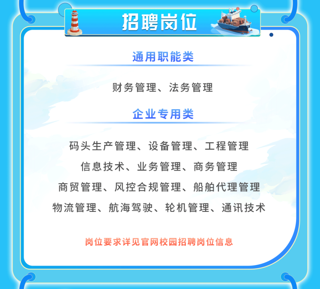 <p>招聘岗位<br/>通用职能类<br/>财务管理、法务管理</p>
<p>企业专用类</p>
<p>码头生产管理、设备管理、工程管理<br/>信息技术、业务管理、商务管理</p>
<p>商贸管理、风控合规管理、船舶代理管理<br/>物流管理、航海驾驶、轮机管理、通讯技术</p>
<p>岗位要求详见官网校园招聘岗位信息</p>
