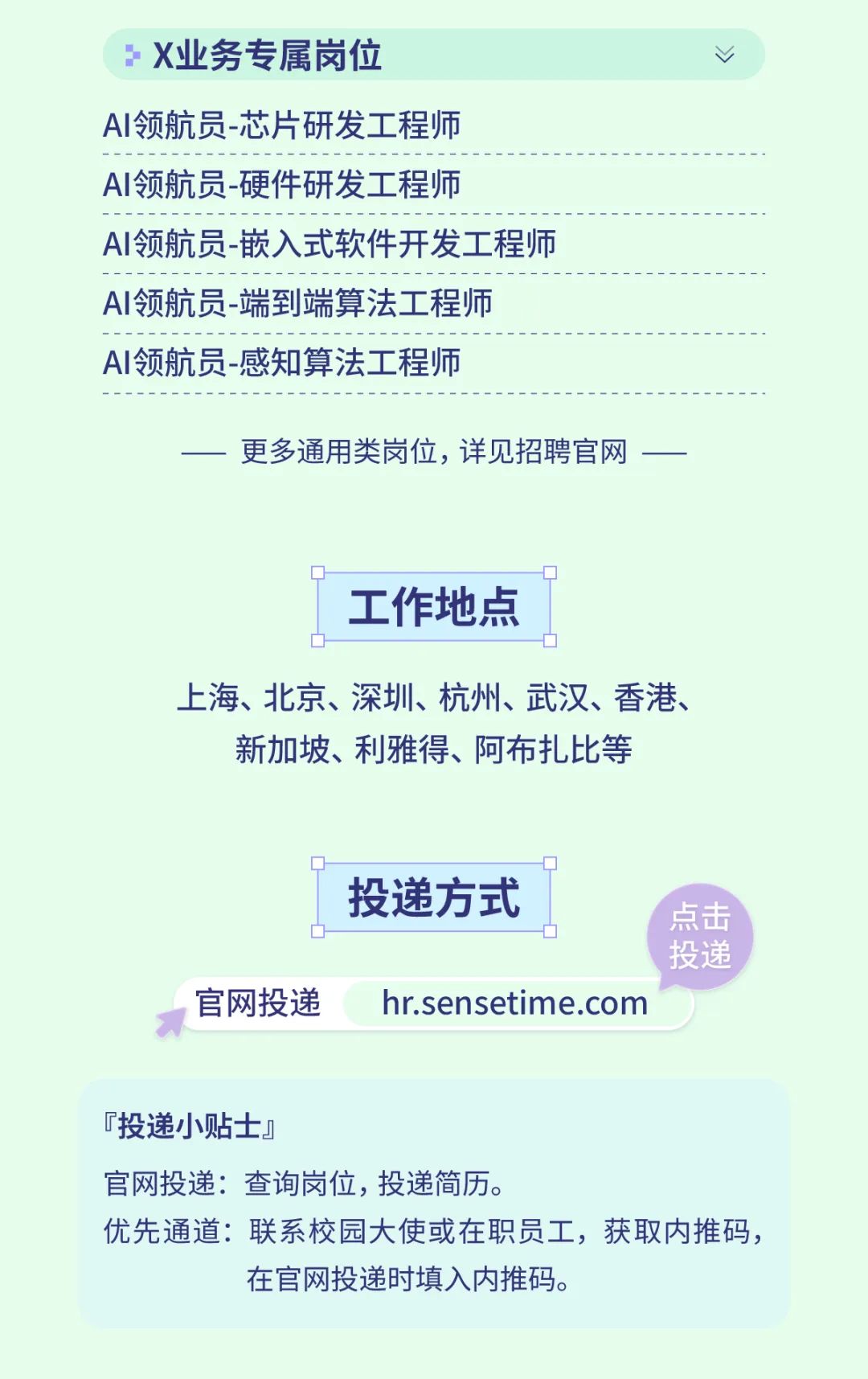 <p>X业务专属岗位</p>
<p>AI领航员-芯片研发工程师<br/>AI领航员-硬件研发工程师</p>
<p>AI领航员-嵌入式软件开发工程师<br/>AI领航员-端到端算法工程师</p>
<p>AI领航员-感知算法工程师</p>
<p>更多通用类岗位，详见招聘官网</p>
<p>工作地点</p>
<p>上海、北京、深圳、杭州、武汉、香港、</p>
<p>新加坡、利雅得、阿布扎比等</p>
<p>官网投递</p>
<p>投递方式</p>
<p>点击</p>
<p>投递</p>
<p>hr.sensetime.com</p>
<p>「投递小贴士」</p>
<p>官网投递:查询岗位，投递简历。</p>
<p>优先通道:联系校园大使或在职员工，获取内推码，</p>
<p>在官网投递时填入内推码。</p>
