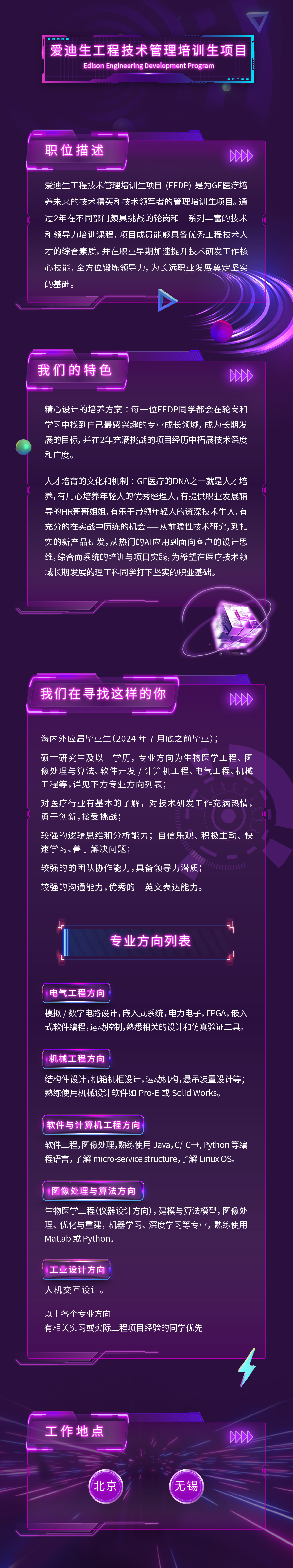 1060\\n爱迪生工程技术管理培训生项目\\nEdison Engineering Development Program\\nD0\\n职位描述\\n爱迪生工程技术管理培训生项目(EEDP) 是为GE医疗培\\n养未来的技术精英和技术领军者的管理培训生项目。通\\n过2年在不同部门颇具挑战的轮岗和一系列丰富的技术\\n和领导力培训课程, 项目成员能够具备优秀工程技术人\\n才的综合素质，并在职业早期加速提升技术研发工作核\\n心技能，全方位锻炼领导力，为长远职业发展奠定坚实\\n的基础。\\n我们的特色\\n20\\n精心设计的培养方案:每一位EEDP同学都会在轮岗和\\n学习中找到自己最感兴趣的专业成长领域，成为长期发\\n展的目标，并在2年充满挑战的项目经历中拓展技术深度\\n和广度。\\n人才培育的文化和机制:GE医疗的DNA之一就是人才培\\n养,有用心培养年轻人的优秀经理人,有提供职业发展辅\\n导的HR哥哥姐姐,有乐于带领年轻人的资深技术牛人,有\\n充分的在实战中历练的机会一从前瞻性技术研究, 到扎\\n实的新产品研发,从热门的AI应用到面向客户的设计思\\n维,综合而系统的培训与项目实践,为希望在医疗技术领\\n域长期发展的理工科同学打下坚实的职业基础。\\n我们在寻找这样的你\\n200\\n海内外应届毕业生(2024年7月底之前毕业);\\n硕士研究生及以上学历，专业方向为生物医学工程、图\\n像处理与算法、软件开发/计算机工程、电气工程、机械\\n工程等,详见下方专业方向列表;\\n对医疗行业有基本的了解，对技术研发工作充满热情，\\n勇于创新,接受挑战;\\n较强的逻辑思维和分析能力，自信乐观、积极主动、快\\n速学习、善于解决问题;\\n较强的的团队协作能力,具备领导力潜质;\\n较强的沟通能力,优秀的中英文表达能力。\\n专业方向列表\\n电气工程方向\\n模拟/数字电路设计,嵌入式系统,电力电子,FPGA,嵌入\\n式软件编程,运动控制,熟悉相关的设计和仿真验证工具。\\n机械工程方向\\n结构件设计,机箱机柜设计,运动机构,悬吊装置设计等;\\n熟练使用机械设计软件如 Pro-E或 Solid Works。\\n软件与计算机工程方向\\n软件工程,图像处理,熟练使用Java,C/ C+t,Python 等编\\n程语言，了解 micro-service structure,了解 Linux OS。\\n图像处理与算法方向\\n生物医学工程(仪器设计方向)，建模与算法模型，图像处\\n理、优化与重建，机器学习、深度学习等专业，熟练使用\\nMatlab或 Python。\\n工业设计方向\\n人机交互设计。\\n以上各个专业方向\\n有相关实习或实际工程项目经验的同学优先\\n工作地点\\n200\\n北京\\n无锡\\n