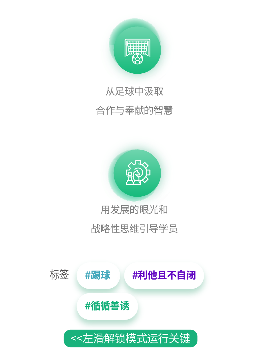 <p>从足球中汲取<br/>合作与奉献的智慧</p>
<p>用发展的眼光和<br/>战略性思维引导学员</p>
<p>标签</p>
<p>#踢球</p>
<p>#利他且不自闭</p>
<p>#循循善诱</p>
<p><<左滑解锁模式运行关键</p>
