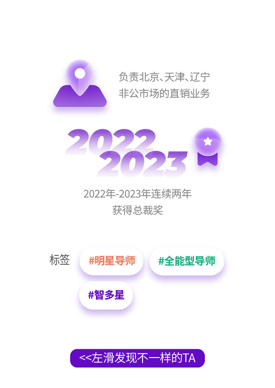 <p>负责北京、天津、辽宁</p>
<p>非公市场的直销业务</p>
<p>29?3.9</p>
<p>2022年-2023年连续两年</p>
<p>获得总裁奖</p>
<p>标签#明星导师#全能型导师</p>
<p>#智多星</p>
<p><<左滑发现不一样的TA</p>
