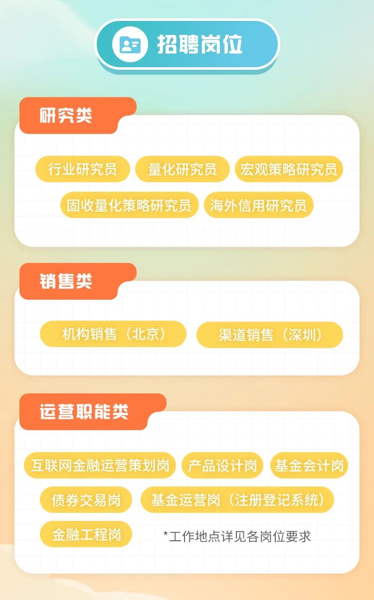 <p>3)招聘岗位</p>
<p>研究类</p>
<p>行业研究员量化研究员宏观策略研究员</p>
<p>固收量化策略研究员 "海外信用研究员 )</p>
<p>销售类</p>
<p>机构销售(北京)渠道销售(深圳)</p>
<p>运营职能类</p>
<p>( 互联网金融运营策划岗产品设计岗基金会计岗</p>
<p>债券交易岗基金运营岗(注册登记系统)</p>
<p>金融工程岗*工作地点详见各岗位要求</p>
