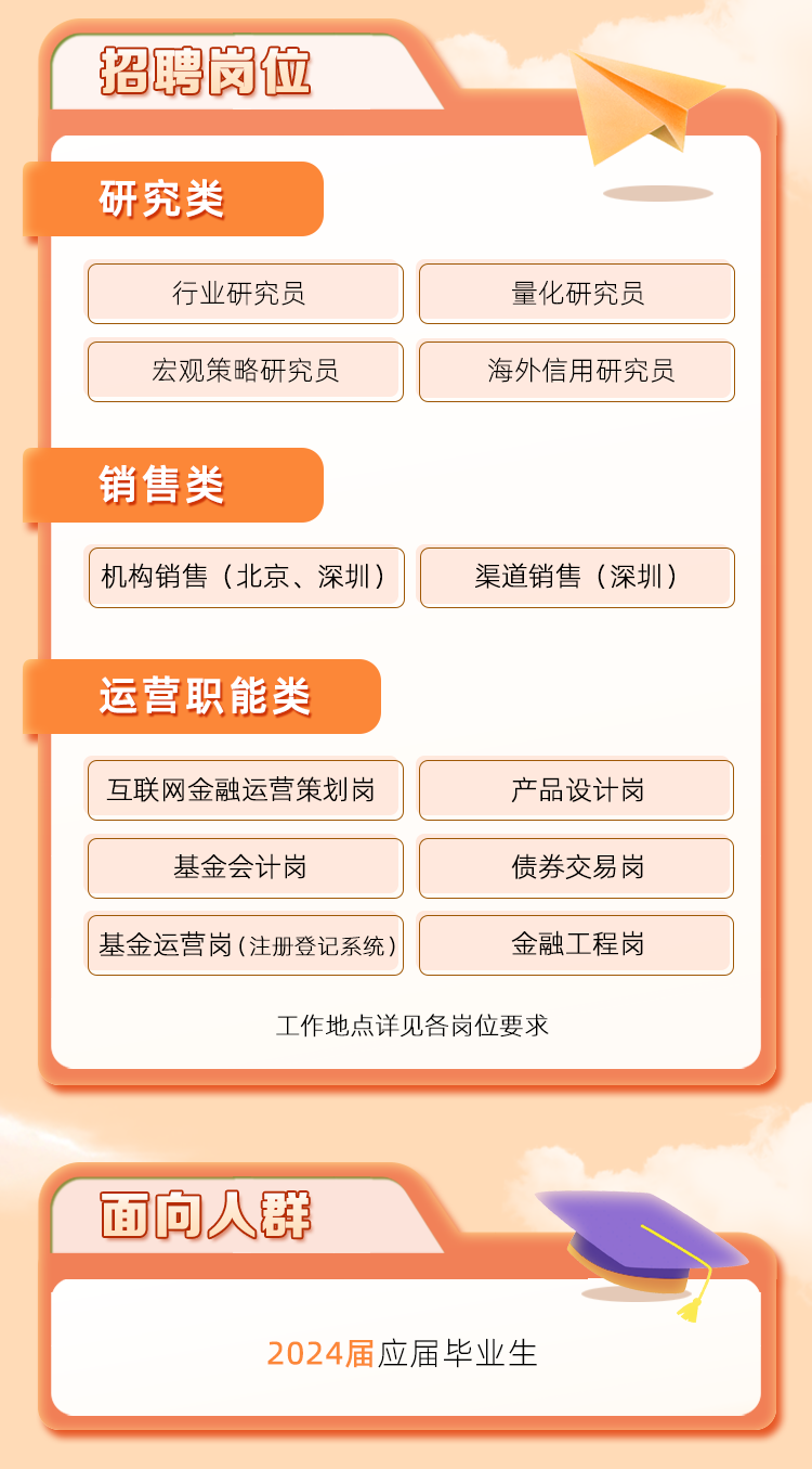 <p>招聘岗位</p>
<p>研究类</p>
<p>工作地点详见各岗位要求</p>
<p>面向人群</p>
<p>应届毕业生</p>

<table>
<tr><td>行业研究员</td>
<td>量化研究员</td>
</tr>
<tr><td></td>
<td></td>
</tr>
<tr><td>宏观策略研究员</td>
<td>海外信用研究员</td>
</tr>
<tr><td colspan="2">销售类</td>
</tr>
<tr><td>机构销售(北京、深圳)</td>
<td>渠道销售(深圳)</td>
</tr>
<tr><td colspan="2">运营职能类</td>
</tr>
<tr><td>互联网金融运营策划岗</td>
<td>产品设计岗</td>
</tr>
<tr><td></td>
<td rowspan="2">债券交易岗</td>
</tr>
<tr><td>基金会计岗</td>
</tr>
<tr><td></td>
<td rowspan="2">金融工程岗</td>
</tr>
<tr><td>基金运营岗(注册登记系统)</td>
</tr>
</table>
