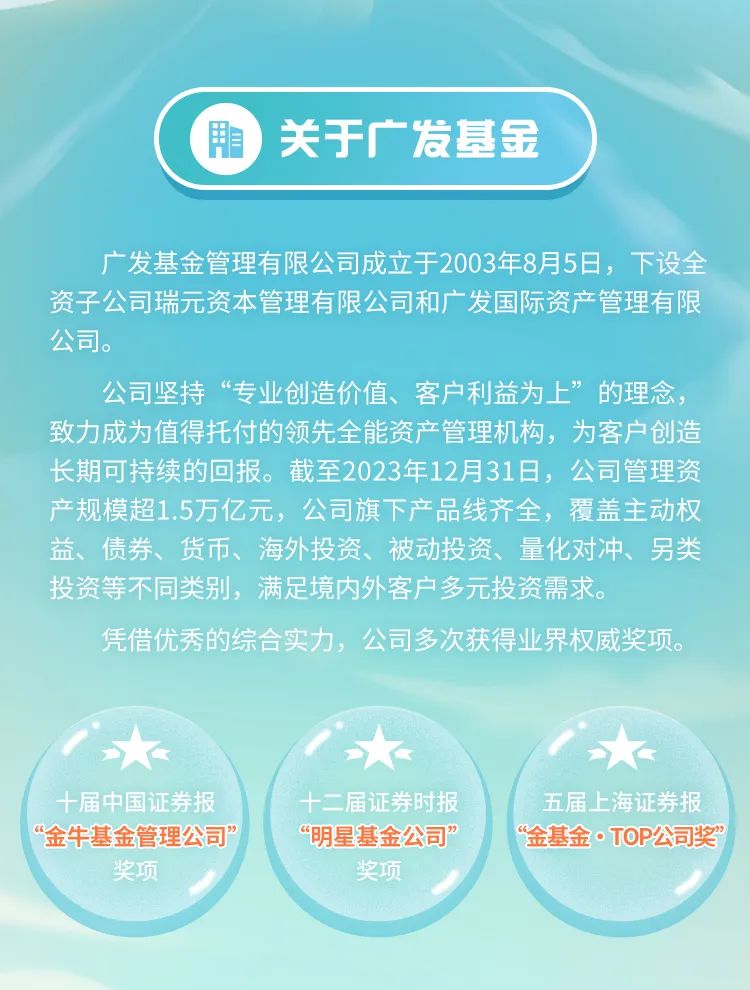 <p>期.))关于广发基金</p>
<p>广发基金管理有限公司成立于2003年8月5日,下设全</p>
<p>资子公司瑞元资本管理有限公司和广发国际资产管理有限</p>
<p>公司。</p>
<p>公司坚持&ldquo;专业创造价值、客户利益为上&rdquo;的理念,</p>
<p>致力成为值得托付的领先全能资产管理机构,为客户创造</p>
<p>长期可持续的回报。截至2023年12月31日,公司管理资</p>
<p>产规模超1.5万亿元,公司旗下产品线齐全,覆盖主动权</p>
<p>益、债券、货币、海外投资、被动投资、量化对冲、另类</p>
<p>投资等不同类别,满足境内外客户多元投资需求。</p>
<p>凭借优秀的综合实力,公司多次获得业界权威奖项。</p>
<p>十届中国证券报十二届证券时报五届.上海证券报</p>
<p>&ldquo;金牛基金管理公司&rdquo;&ldquo;明星基金公司&rdquo;&ldquo;金基金。TOP公司奖&rdquo;</p>
<p>奖项奖项</p>
