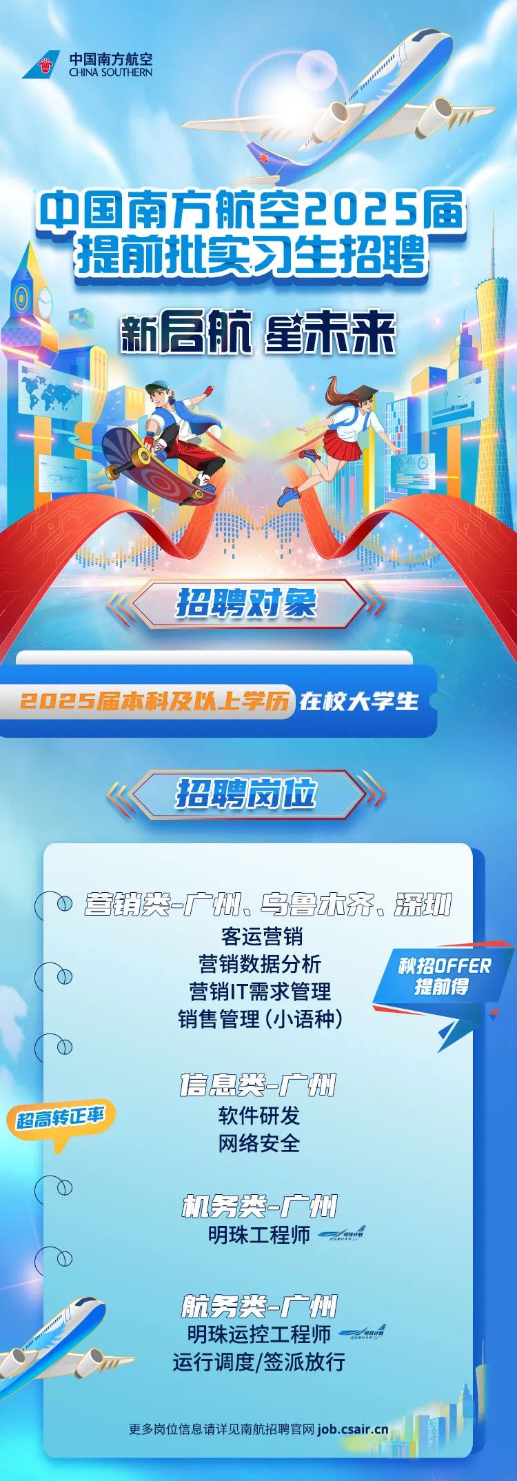 <p>0CHINA SOUTHERN中国南方航空</p>
<p>中国南方航空2025届</p>
<p>广提前批实习生招聘</p>
<p>G</p>
<p>.新启航星未来</p>
<p>牌</p>
<p>中中</p>
<p>招聘对象</p>
<p>2025届本科及以上学历在校大学生</p>
<p>招聘岗位></p>
<p>( 0营销类~F 0。鸟鲁术齐。服咖</p>
<p>客运营销</p>
<p>(D营销数据分析营销IT需求管理秋招OFFER提前得</p>
<p>销售管理(小语种)</p>
<p>0D</p>
<p>信息类-广州</p>
<p>超高转正率软件研发</p>
<p>网络安全</p>
<p>(C</p>
<p>机务类-广州</p>
<p>明珠工程师C</p>
<p>航务类-广州</p>
<p>明珠运控工程师N计车</p>
<p>运行调度/签派放行</p>
<p>更多岗位信息请详见南航招聘官网job.csair.cn</p>
