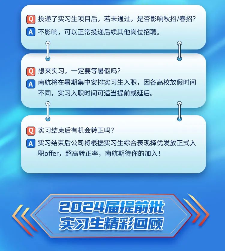 <p>Q<br/>投递了实习生项目后，若未通过，是否影响秋招/春招?<br/>A不影响，可以正常投递后续其他岗位招聘。</p>
<p> <br/>想来实习，一定要等暑假吗?</p>
<p>A<br/>南航将在暑期集中安排实习生入职，因各高校放假时间<br/>不同，实习入职时间可适当提前或延后。</p>
<p>Q<br/>实习结束后有机会转正吗?</p>
<p>A 实习结束后公司将根据实习生综合表现择优发放正式入<br/>职offer，超高转正率，南航期待你的加入!</p>
<p>2024届提前批<br/>实习生精彩回顾</p>
