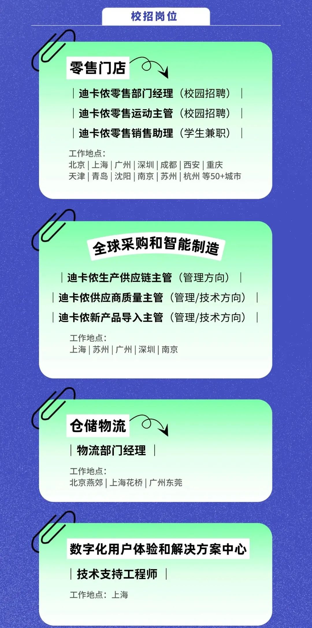 <p>校招岗位</p>
<p>零售门店</p>
<p>迪卡侬零售部门经理(校园招聘)<br/>迪卡侬零售运动主管(校园招聘)<br/>迪卡侬零售销售助理(学生兼职)<br/>工作地点:</p>
<p>北京|上海|广州|深圳|成都|西安|重庆</p>
<p>天津|青岛|沈阳|南京|苏州|杭州等50+城市</p>
<p>全球采购和智能制造</p>
<p>迪卡侬生产供应链主管(管理方向)<br/>迪卡侬供应商质量主管(管理/技术方向)<br/>迪卡侬新产品导入主管(管理/技术方向)<br/>工作地点:</p>
<p>上海|苏州|广州|深圳|南京</p>
<p>仓储物流</p>
<p>物流部门经理|<br/>工作地点:</p>
<p>北京燕郊|上海花桥|广州东莞</p>
<p>数字化用户体验和解决方案中心<br/>技术支持工程师|</p>
<p>工作地点:上海</p>
