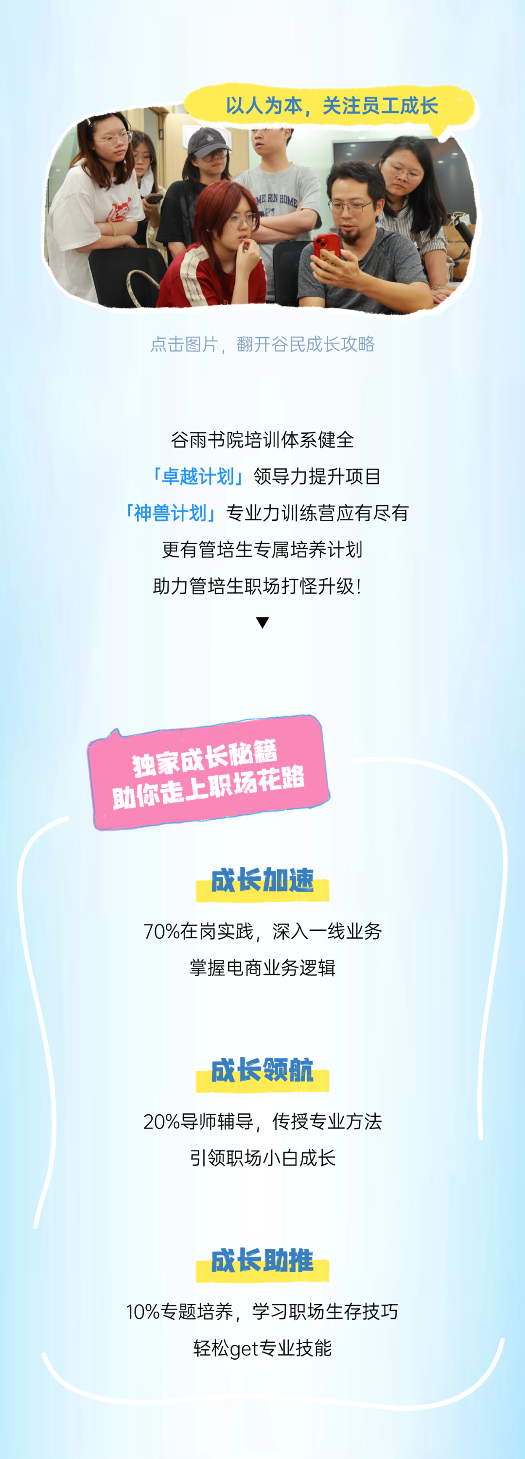 <p>以人为本，关注员工成长</p>
<p> </p>
<p>ERIN HO</p>
<p>点击图片，翻开谷民成长攻略</p>
<p>谷雨书院培训体系健全<br/>「卓越计划」领导力提升项目<br/>「神兽计划专业力训练营应有尽有<br/>更有管培生专属培养计划</p>
<p>助力管培生职场打怪升级!</p>
<p>独家成长秘籍<br/>助你走上职场花路</p>
<p>成长加速</p>
<p>70%在岗实践，深入一线业务<br/>掌握电商业务逻辑</p>
<p>成长领航</p>
<p>20%导师辅导，传授专业方法<br/>引领职场小白成长</p>
<p>成长助推</p>
<p>10%专题培养，学习职场生存技巧</p>
<p>轻松get专业技能</p>
