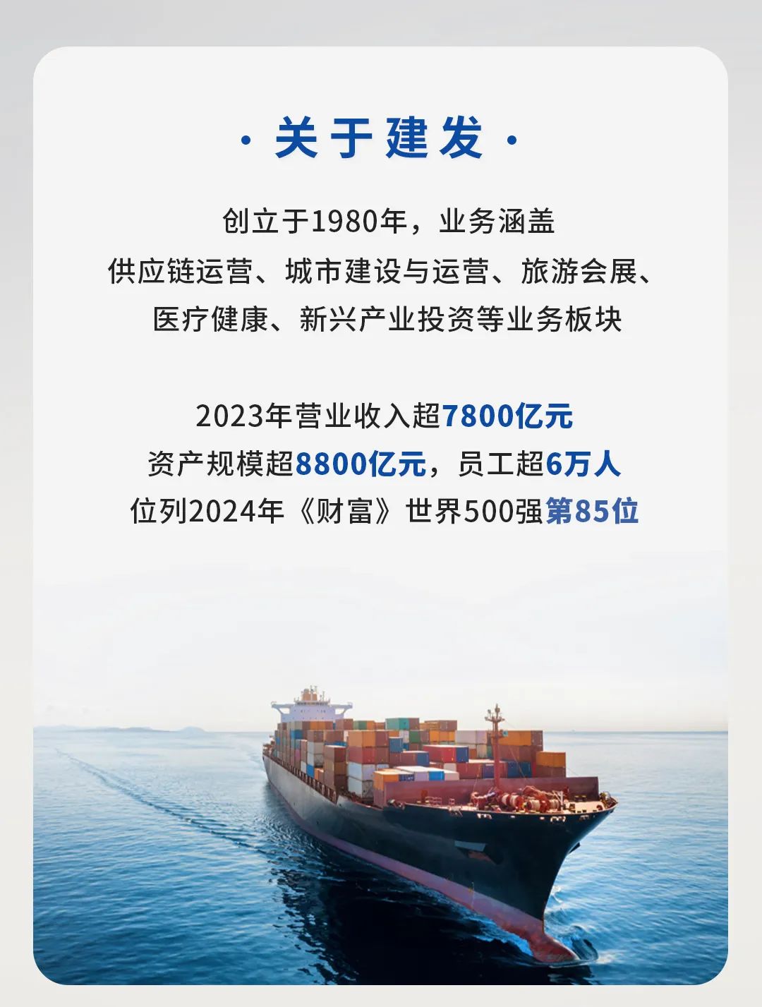 <p>关于建发</p>
<p>创立于1980年,业务涵盖</p>
<p>供应链运营、城市建设与运营、旅游会展、</p>
<p>医疗健康、新兴产业投资等业务板块</p>
<p>2023年营业收入超7800亿元</p>
<p>资产规模超8800亿元,员工超6万人</p>
<p>位列2024年《财富》世界500强第85位</p>
