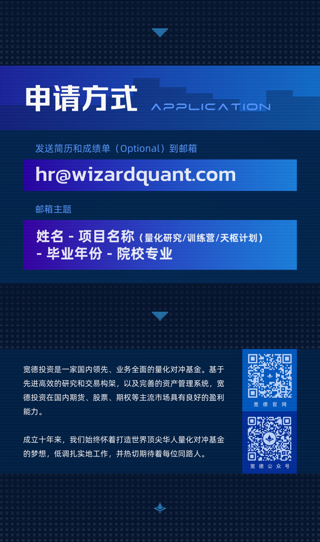 <p>申请方式</p>
<p>APPLICATION</p>
<p>发送简历和成绩单(Optional) 到邮箱</p>
<p>hr@wizardquant.com</p>
<p>邮箱主题</p>
<p>姓名-项目名称(量化研究/训练营/天枢计划)<br/>毕业年份-院校专业</p>
<p>宽德投资是一家国内领先、业务全面的量化对冲基金。基于<br/>先进高效的研究和交易构架,以及完善的资产管理系统,宽<br/>德投资在国内期货、股票、期权等主流市场具有良好的盈利<br/>能力。</p>
<p>宽<br/>德<br/>官<br/>网</p>
<p>成立十年来,我们始终怀着打造世界顶尖华人量化对冲基金<br/>的梦想,低调扎实地工作,并热切期待着每位同人。</p>
<p>宽德公众号</p>