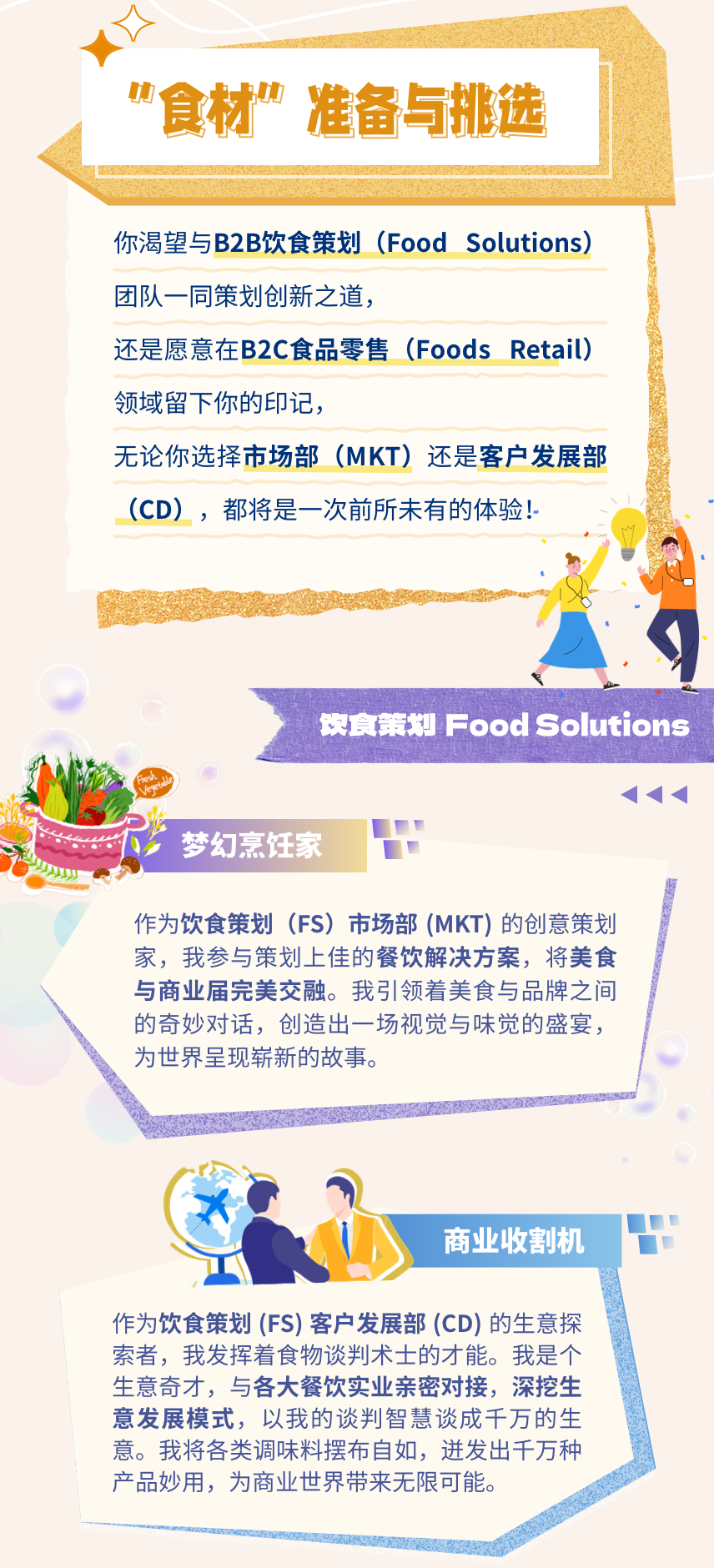 <p>"食材”准备与挑选</p>
<p>你渴望与B2B饮食策划(FoodSolutions)<br/>团队一同策划创新之道，</p>
<p>还是愿意在B2C食品零售(Foods Retail)<br/>领域留下你的印记，</p>
<p>无论你选择市场部(MKT)还是客户发展部<br/>(CD)，都将是一次前所未有的体验!</p>
<p>食策划 Food Solutions</p>
<p>梦幻烹饪家</p>
<p>作为饮食策划(FS)市场部(MKT)的创意策划<br/>家，我参与策划上佳的餐饮解决方案，将美食<br/>与商业届完美交融。我引领着美食与品牌之间<br/>的奇妙对话，创造出一场视觉与味觉的盛宴，<br/>为世界呈现崭新的故事。</p>
<p>商业收割机</p>
<p>作为饮食策划(FS)客户发展部(CD) 的生意探<br/>索者，我发挥着食物谈判术士的才能。我是个<br/>生意奇才，与各大餐饮实业亲密对接，深挖生<br/>意发展模式，以我的谈判智慧谈成千万的生<br/>意。我将各类调味料摆布自如，迸发出千万种<br/>产品妙用，为商业世界带来无限可能。</p>
