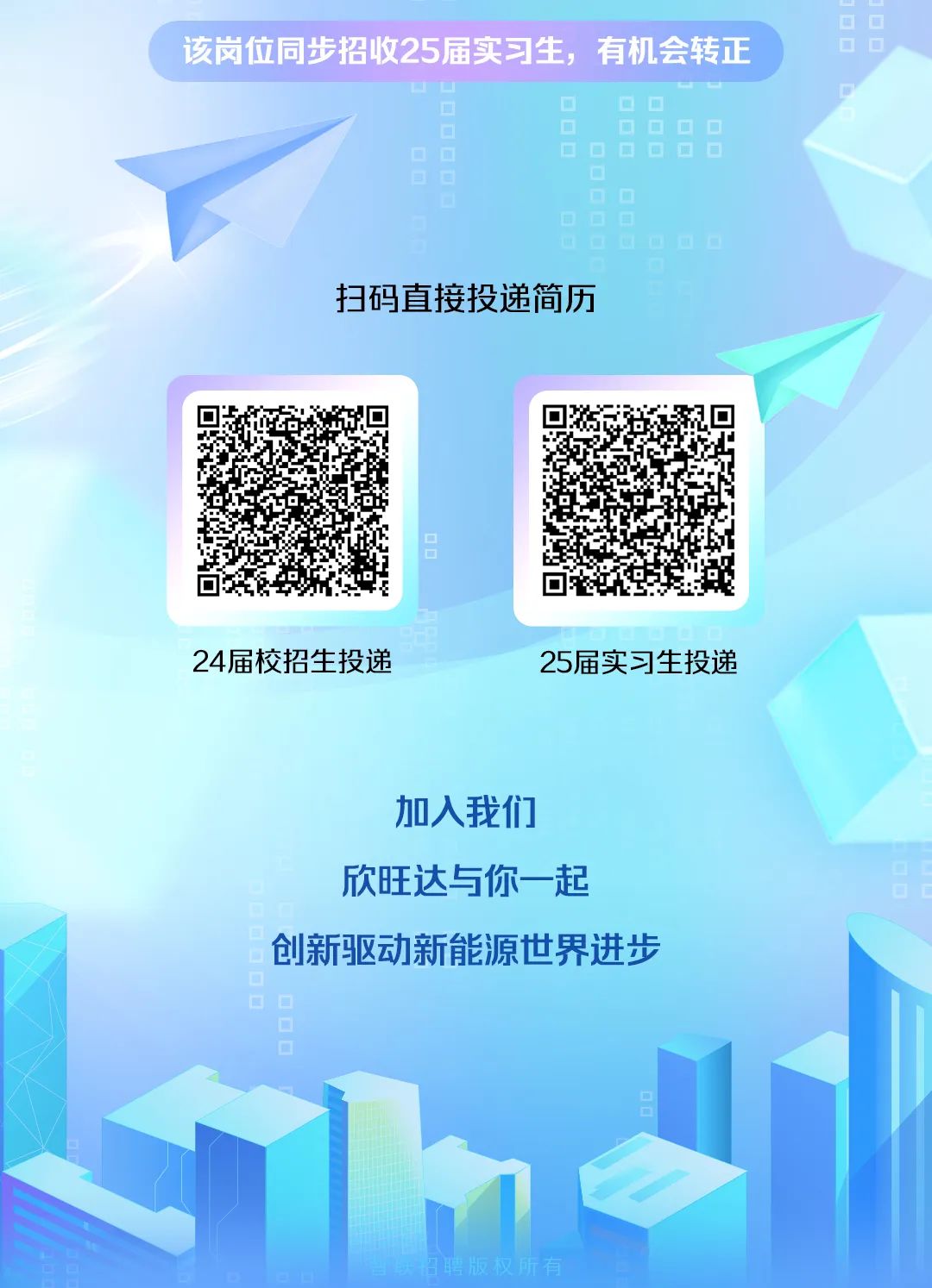 <p>该岗位同步招收25届实习生，有机会转正</p>
<p>扫码直接投递简历</p>
<p>24届校招生投递</p>
<p>25届实习生投递</p>
<p>加入我们</p>
<p>欣旺达与你一起</p>
<p>创新驱动新能源世界进步</p>
