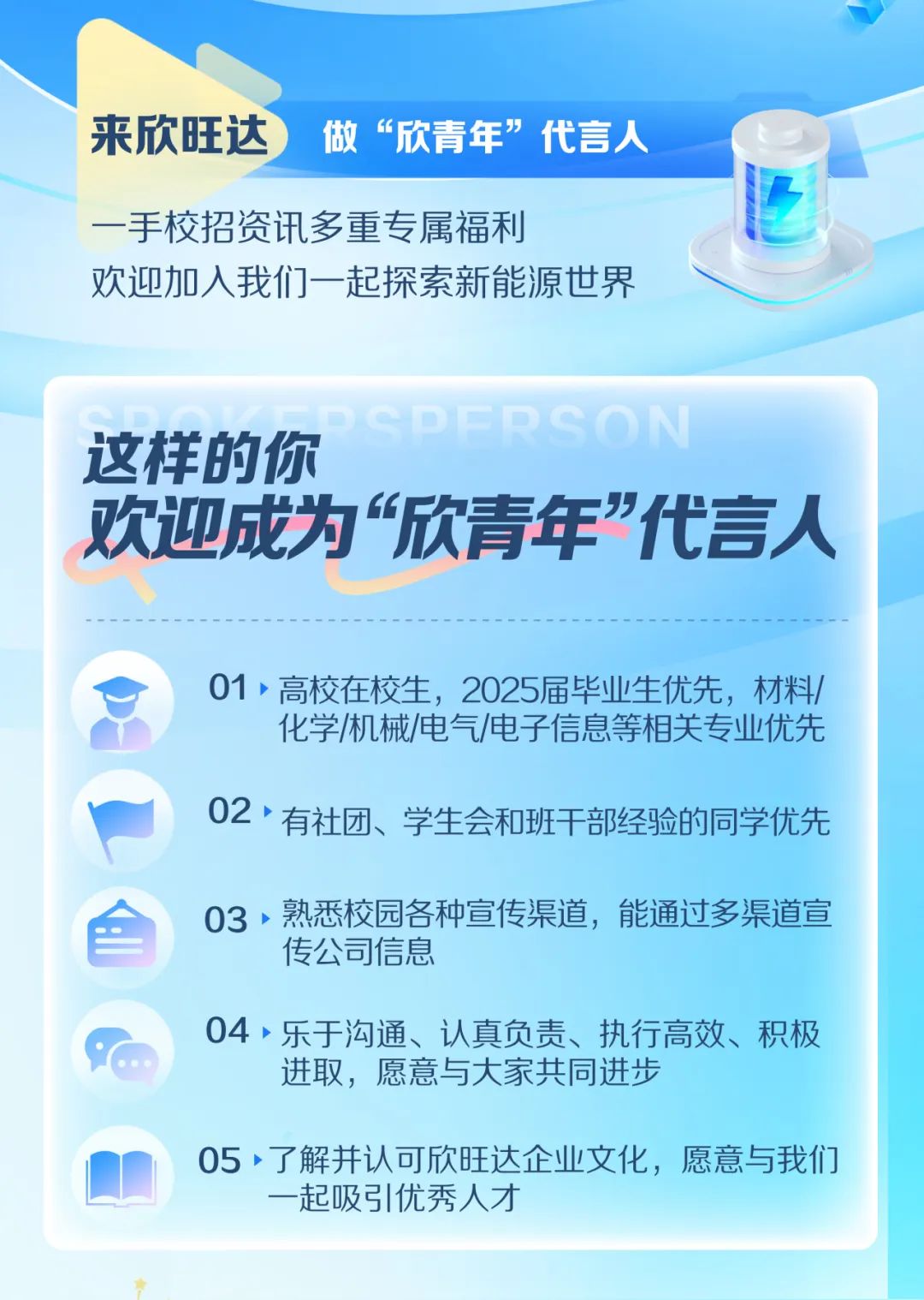 <p>来欣旺达</p>
<p>做&ldquo;欣青年&rdquo;代言人</p>
<p>一手校招资讯多重专属福利</p>
<p>欢迎加入我们一起探索新能源世界</p>
<p>这样的你<br/>DFRCON<br/>欢迎成为&ldquo;欣青年&rdquo;代言人</p>
<p>01高校在校生，2025届毕业生优先，材料/</p>
<p>化学/机械/电气/电子信息等相关专业优先</p>
<p>02，有社团、学生会和班干部经验的同学优先</p>
<p>03，熟悉校园各种宣传渠道，能通过多渠道宣<br/>传公司信息</p>
<p>04，乐于沟通、认真负责、执行高效、积极<br/>进取，愿意与大家共同进步</p>
<p>05，了解并认可欣旺达企业文化，愿意与我们<br/>一起吸引优秀人才</p>
