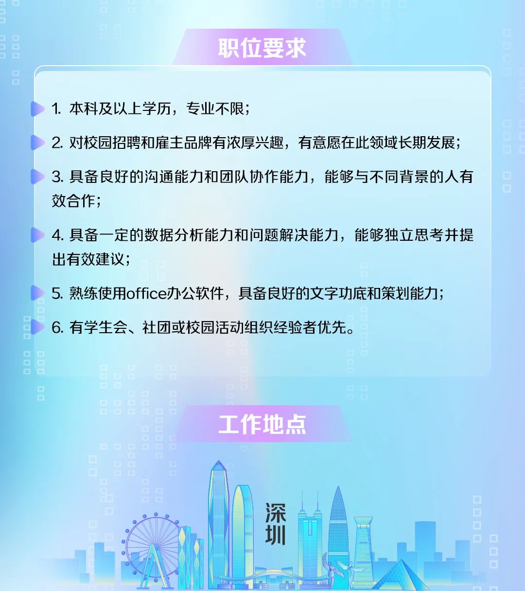 <p>职位要求</p>
<p>1.本科及以上学历，专业不限;</p>
<p>2.对校园招聘和雇主品牌有浓厚兴趣，有意愿在此领域长期发展;<br/>3. 具备良好的沟通能力和团队协作能力，能够与不同背景的人有<br/>效合作;</p>
<p>4.具备一定的数据分析能力和问题解决能力，能够独立思考并提<br/>出有效建议;</p>
<p>5.熟练使用office办公软件，具备良好的文字功底和策划能力;<br/>6.有学生会、社团或校园活动组织经验者优先。</p>
<p>工作地点</p>
<p>深</p>
<p>圳</p>
