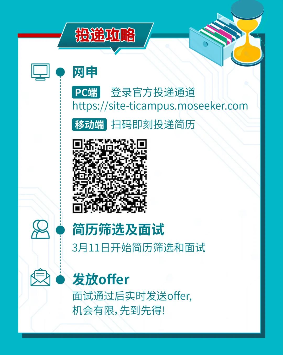 <p>投递攻略</p>
<p>网申</p>
<p>PC端<br/>登录官方投递通道</p>
<p>https://site-ticampus.moseeker.com<br/>移动端扫码即刻投递简历</p>
<p>简历筛选及面试</p>
<p>3月11日开始简历筛选和面试</p>
<p>发放offer</p>
<p>面试通过后实时发送offer,<br/>机会有限,先到先得!</p>
