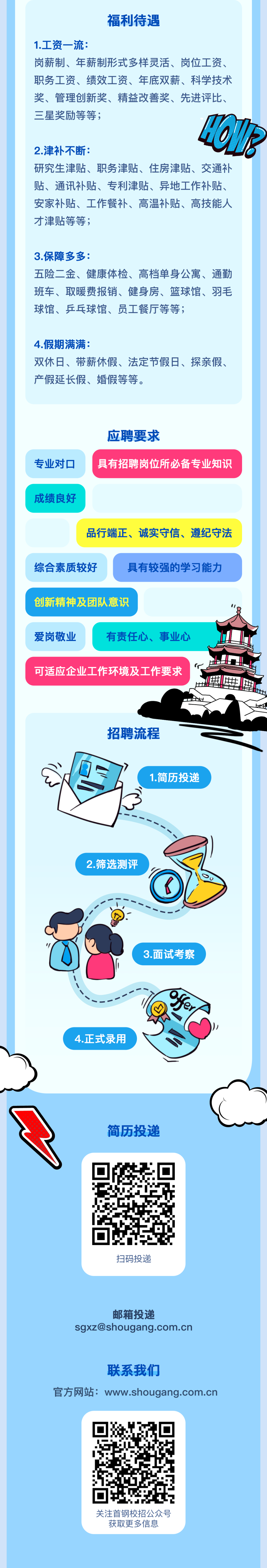 <p>福利待遇</p>
<p>1.工资一流:</p>
<p>岗薪制、年薪制形式多样灵活、岗位工资、</p>
<p>职务工资、绩效工资、年底双薪、科学技术</p>
<p>奖、管理创新奖、精益改善奖、先进评比、</p>
<p>三星奖励等等;</p>
<p>HG1?</p>
<p>2.津补不断:</p>
<p>研究生津贴、职务津贴、住房津贴、交通补</p>
<p>贴、通讯补贴、专利津贴、异地工作补贴、</p>
<p>安家补贴、工作餐补、高温补贴、高技能人</p>
<p>才津贴等等;</p>
<p>3.保障多多:</p>
<p>五险二金、健康体检、高档单身公寓、通勤<br/>班车、取暖费报销、健身房、篮球馆、羽毛<br/>球馆、乒乓球馆、员工餐厅等等;</p>
<p>4.假期满满:</p>
<p>双休日、带薪休假、法定节假日、探亲假、<br/>产假延长假、婚假等等。</p>
<p>专业对口</p>
<p>应聘要求</p>
<p>具有招聘岗位所必备专业知识</p>
<p>成绩良好</p>
<p>品行端正、<br/>诚实守信、遵纪守法</p>
<p>综合素质较好</p>
<p>具有较强的学习能力</p>
<p>创新精神及团队意识</p>
<p>爱岗敬业</p>
<p>有责任心、事业心</p>
<p>可适应企业工作环境及工作要求</p>
<p> </p>
<p>舞制理</p>
<p>t</p>
<p>招聘流程</p>
<p>1.简历投递</p>
<p>2.筛选测评</p>
<p>3.面试考察</p>
<p>4.正式录用</p>
<p>fer</p>
<p>简历投递</p>
<p>扫码投递</p>
<p>邮箱投递</p>
<p>sgxz@shougang.com.cn</p>
<p>联系我们</p>
<p>官方网站:www.shougang.com.cn</p>
<p>关注首钢校招公众号</p>
<p>获取更多信息</p>
