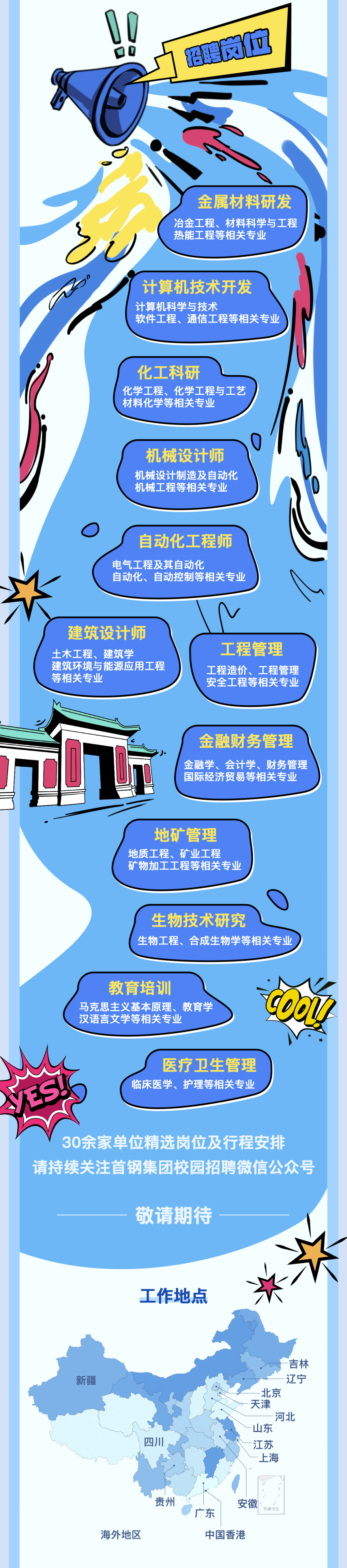 <p>招聘岗位</p>
<p>金属材料研发<br/>冶金工程、材料科学与工程<br/>热能工程等相关专业</p>
<p>计算机技术开发<br/>计算机科学与技术</p>
<p>软件工程、通信工程等相关专业</p>
<p>化工科研</p>
<p>化学工程、化学工程与工艺<br/>材料化学等相关专业</p>
<p>机械设计师<br/>机械设计制造及自动化<br/>机械工程等相关专业</p>
<p>自动化工程师<br/>电气工程及其自动化</p>
<p>自动化、自动控制等相关专业</p>
<p>建筑设计师<br/>土木工程、建筑学</p>
<p>建筑环境与能源应用工程<br/>等相关专业</p>
<p>工程管理</p>
<p>工程造价、工程管理<br/>安全工程等相关专业</p>
<p>金融财务管理</p>
<p>金融学、会计学、财务管理<br/>国际经济贸易等相关专业</p>
<p>地矿管理<br/>地质工程、矿业工程</p>
<p>矿物加工工程等相关专业</p>
<p>生物技术研究</p>
<p>生物工程、合成生物学等相关专业</p>
<p>入A</p>
<p> </p>
<p>教育培训</p>
<p>马克思主义基本原理、教育学<br/>汉语言文学等相关专业</p>
<p>医疗卫生管理<br/>临床医学、护理等相关专业</p>
<p>cooy</p>
<p> </p>
<p>30余家单位精选岗位及行程安排</p>
<p>请持续关注首钢集团校园招聘微信公众号</p>
<p>敬请期待</p>
<p>工作地点</p>
<p>新疆</p>
<p>四</p>
<p>吉林</p>
<p>辽宁<br/>北京</p>
<p>天津</p>
<p>河北<br/>山东</p>
<p>江苏</p>
<p>上海</p>
<p>海外地区</p>
<p>贵州</p>
<p>安徽</p>
<p>南海诸S</p>
<p>广东</p>
<p>中国香港</p>
