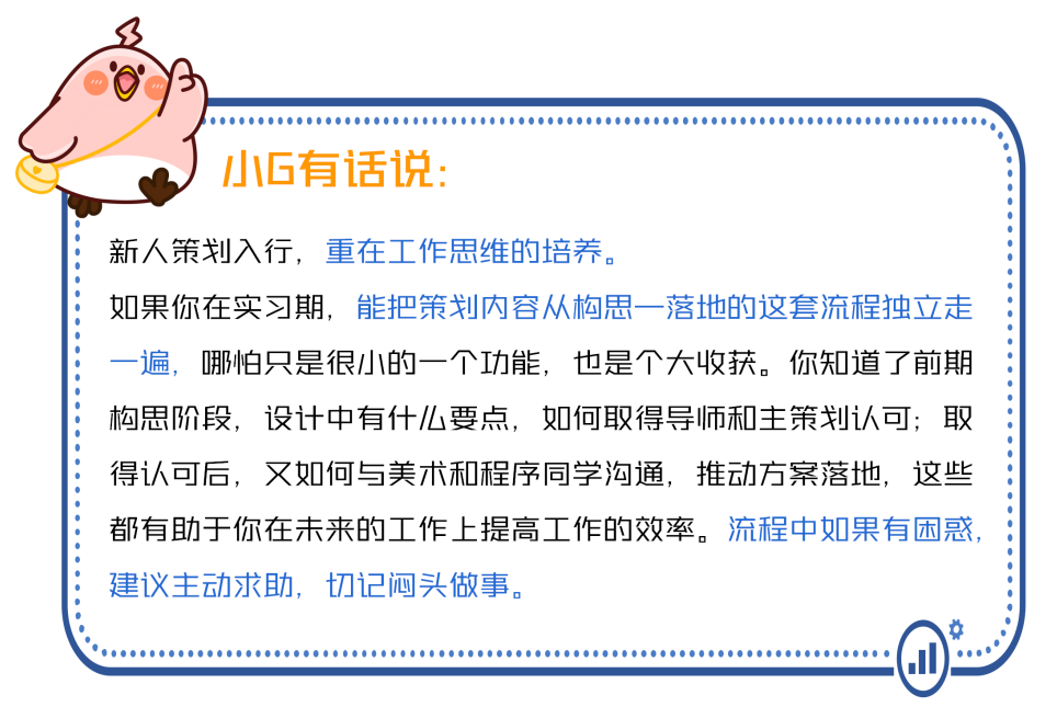 <p>小G有话说:</p>
<p>新人策划入行，重在工作思维的培养。</p>
<p>如果你在实习期，能把策划内容从构思一落地的这套流程独立走<br/>一遍，哪怕只是很小的一个功能，也是个大收获。你知道了前期<br/>构思阶段，设计中有什么要点，如何取得导师和主策划认可;取<br/>得认可后，又如何与美术和程序同学沟通，推动方案落地，这些<br/>都有助于你在未来的工作上提高工作的效率。流程中如果有困惑，<br/>建议主动求助，切记闷头做事。</p>
