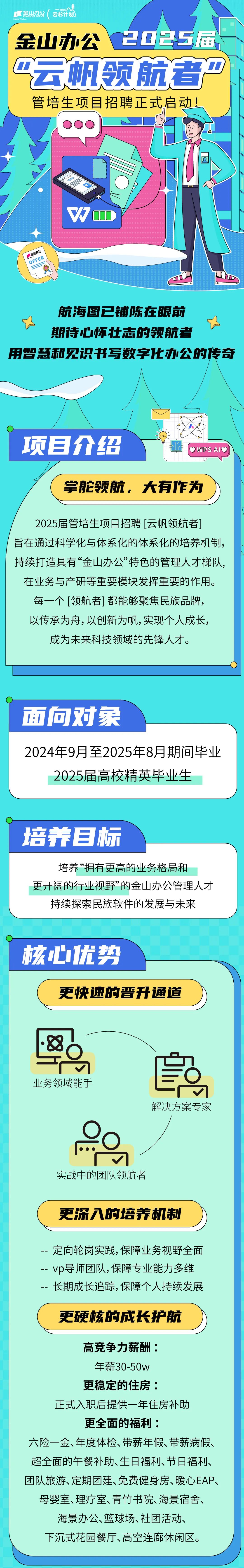 <p>区金山办公<br/>云杉计制</p>
<p>KINGS<br/>nspe windn</p>
<p>金山办公<br/>2025届<br/>“云帆领航者<br/> <br/>管培生项目招聘正式启动!</p>
<p>金山办公</p>
<p>OFFER</p>
<p> </p>
<p>航海图已铺陈在眼前</p>
<p>期待心怀壮志的领航者</p>
<p>用智慧和见识书写数字化办公的传奇</p>
<p>项目介绍</p>
<p>OWPS AIO</p>
<p>掌舵领航，大有作为</p>
<p>2025届管培生项目招聘[云帆领航者</p>
<p>旨在通过科学化与体系化的体系化的培养机制，<br/>持续打造具有“金山办公”特色的管理人才梯队，<br/>在业务与产研等重要模块发挥重要的作用。<br/>每一个[领航者]都能够聚焦民族品牌，<br/>以传承为舟，以创新为帆,实现个人成长，<br/>成为未来科技领域的先锋人才。</p>
<p>面向对象</p>
<p>2024年9月至2025年8月期间毕业<br/>2025届高校精英毕业生</p>
<p>培养目标</p>
<p>培养“拥有更高的业务格局和</p>
<p>更开阔的行业视野”的金山办公管理人才</p>
<p>持续探索民族软件的发展与未来</p>
<p>核心优势</p>
<p>更快速的晋升通道</p>
<p>业务领域能手</p>
<p>解决方案专家<br/>09<br/>V</p>
<p>实战中的团队领航者</p>
<p>更深入的培养机制</p>
<p>定向轮岗实践,保障业务视野全面<br/>vp导师团队,保障专业能力多维<br/>长期成长追踪，保障个人持续发展</p>
<p>更硬核的成长护航</p>
<p>高竞争力薪酬:</p>
<p>年薪30-50w</p>
<p>更稳定的住房:</p>
<p>正式入职后提供一年住房补助<br/>更全面的福利:</p>
<p>六险一金、年度体检、带薪年假、带薪病假、<br/>超全面的午餐补助、生日福利、节日福利、<br/>团队旅游、定期团建、免费健身房、暖心EAP、</p>
<p>母婴室、理疗室、青竹书院、海景宿舍、</p>
<p>海景办公、篮球场、社团活动、<br/>下沉式花园餐厅、高空连廊休闲区。</p>
