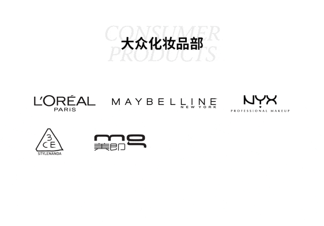 <p>大众化妆品部</p>
<p>LOREAL</p>
<p>MAYBELLINE</p>
<p>PARiS</p>
<p>3</p>
<p>L<br/>E</p>
<p>即号</p>
<p>STYLENANDA</p>
<p> </p>
<p>MAKEUP</p>
