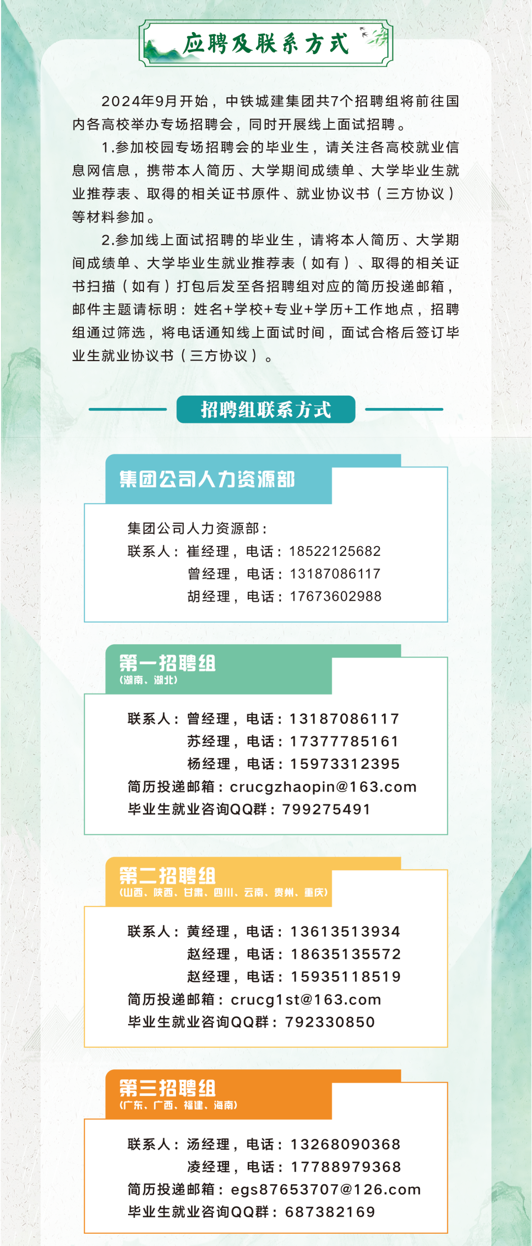 <p>应聘及联系方式</p>
<p>2024年9月开始，中铁城建集团共7个招聘组将前往国<br/>内各高校举办专场招聘会，同时开展线上面试招聘。</p>
<p>1.参加校园专场招聘会的毕业生，请关注各高校就业信<br/>息网信息，携带本人简历、大学期间成绩单、大学毕业生就<br/>业推荐表、取得的相关证书原件、就业协议书(三方协议)<br/>等材料参加。</p>
<p>2.参加线上面试招聘的毕业生，请将本人简历、大学期<br/>间成绩单、大学毕业生就业推荐表(如有)、取得的相关证<br/>书扫描(如有)打包后发至各招聘组对应的简历投递邮箱，<br/>邮件主题请标明:姓名+学校+专业+学历+工作地点，招聘<br/>组通过筛选，将电话通知线上面试时间，面试合格后签订毕<br/>业生就业协议书(三方协议)。</p>
<p>招聘组联系方式</p>
<p>集团公司人力资源部</p>
<p>集团公司人力资源部:</p>
<p>联系人:崔经理，电话:18522125682</p>
<p>曾经理，电话:13187086117<br/>胡经理，电话:17673602988</p>
<p>第一招聘组<br/>(湖南、湖北</p>
<p>联系人:曾经理，电话:13187086117</p>
<p>苏经理，电话:17377785161<br/>杨经理，电话:15973312395</p>
<p>简历投递邮箱:crucgzhaopin@163.com<br/>毕业生就业咨询QQ群:799275491</p>
<p>第二招聘组</p>
<p>(山西、陕西、甘肃、四川、云南、贵州、重庆</p>
<p>联系人:黄经理，电话:13613513934</p>
<p>赵经理，电话:18635135572<br/>赵经理，电话:15935118519</p>
<p>简历投递邮箱:crucg1st@163.com<br/>毕业生就业咨询QQ群:792330850</p>
<p>第三招聘组<br/>(广东、广西、福建、海南</p>
<p>联系人:汤经理，电话:13268090368</p>
<p>凌经理，电话:17788979368</p>
<p>简历投递邮箱:egs87653707@126.com<br/>毕业生就业咨询QQ群:687382169</p>
