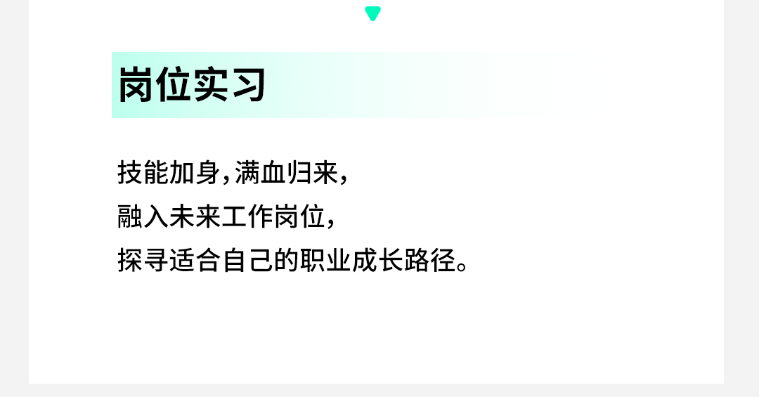<p>岗位实习</p>
<p>技能加身,满血归来，</p>
<p>融入未来工作岗位，</p>
<p>探寻适合自己的职业成长路径。</p>
