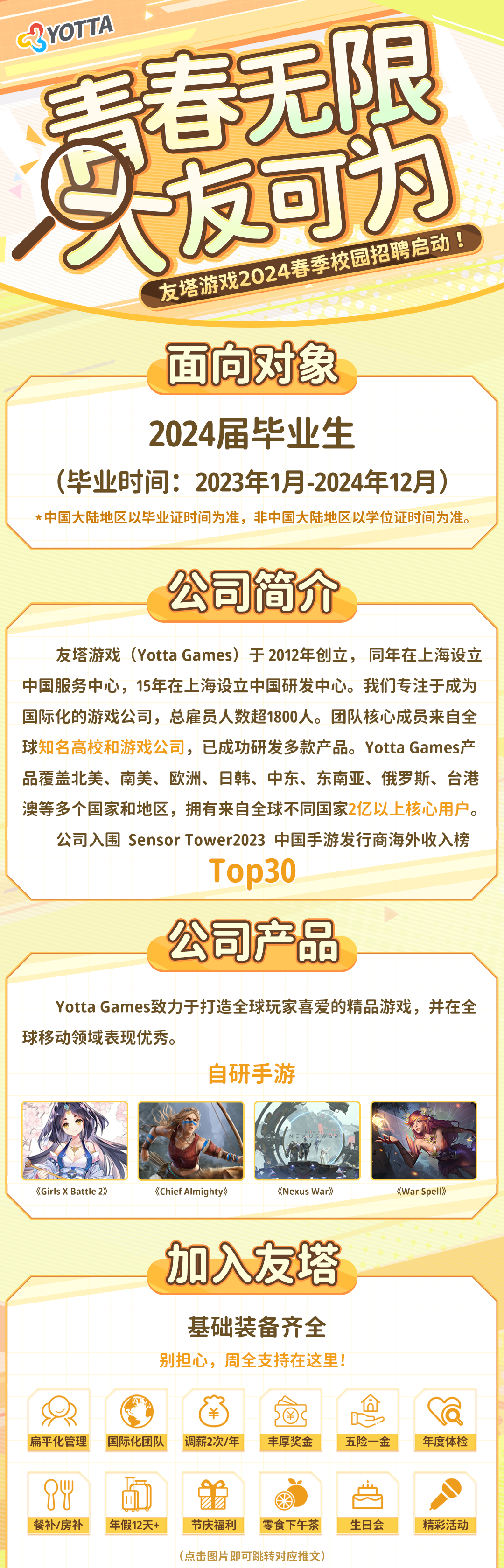 <p>YOTTA</p>
<p>分</p>
<p>友塔游戏2024春季校园招聘启动!</p>
<p>面向对象<br/>2024届毕业生</p>
<p>(毕业时间:2023年1月-2024年12月)<br/>*中国大陆地区以毕业证时间为准，非中国大陆地区以学位证时间为准。</p>
<p>公司简介</p>
<p>友塔游戏(Yotta Games)于2012年创立，同年在上海设立<br/>中国服务中心，15年在上海设立中国研发中心。我们专注于成为<br/>国际化的游戏公司，总雇员人数超1800人。团队核心成员来自全<br/>球知名高校和游戏公司，已成功研发多款产品。Yotta Games产<br/>品覆盖北美、南美、欧洲、日韩、中东、东南亚、俄罗斯、台港<br/>澳等多个国家和地区，拥有来自全球不同国家2亿以上核心用户。</p>
<p>公司入围 SensorTower2023 中国手游发行商海外收入榜</p>
<p>Top30</p>
<p>公司产品</p>
<p>Yotta Games致力于打造全球玩家喜爱的精品游戏，并在全<br/>球移动领域表现优秀。</p>
<p>自研手游</p>
<p>《Girls X Battle 2》</p>
<p>《Chief Almighty》</p>
<p>《Nexus War》</p>
<p>《War Spell》</p>
<p>加入友塔</p>
<p>基础装备齐全<br/>别担心，周全支持在这里!</p>
<p>扁平化管理</p>
<p>国际化团队</p>
<p>调薪2次/年</p>
<p>丰厚奖金</p>
<p> <br/>五险一金</p>
<p>年度体检</p>
<p>OW</p>
<p>U0<br/>餐补/房补</p>
<p>年假12天+</p>
<p>节庆福利<br/>零食下午茶<br/>(点击图片即可跳转对应推文)</p>
<p>生日会</p>
<p>精彩活动</p>

