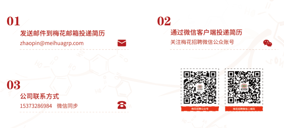 <p>01</p>
<p>发送邮件到梅花邮箱投递简历<br/>zhaopin@meihuagrp.com</p>
<p>02</p>
<p>通过微信客户端投递简历<br/>关注梅花招聘微信公众账号</p>
<p>03</p>
<p>公司联系方式</p>
<p>15373286984微信同步</p>
<p>8</p>
<p>梅花招聘公众</p>
<p>梅花招聘微信二维码</p>
