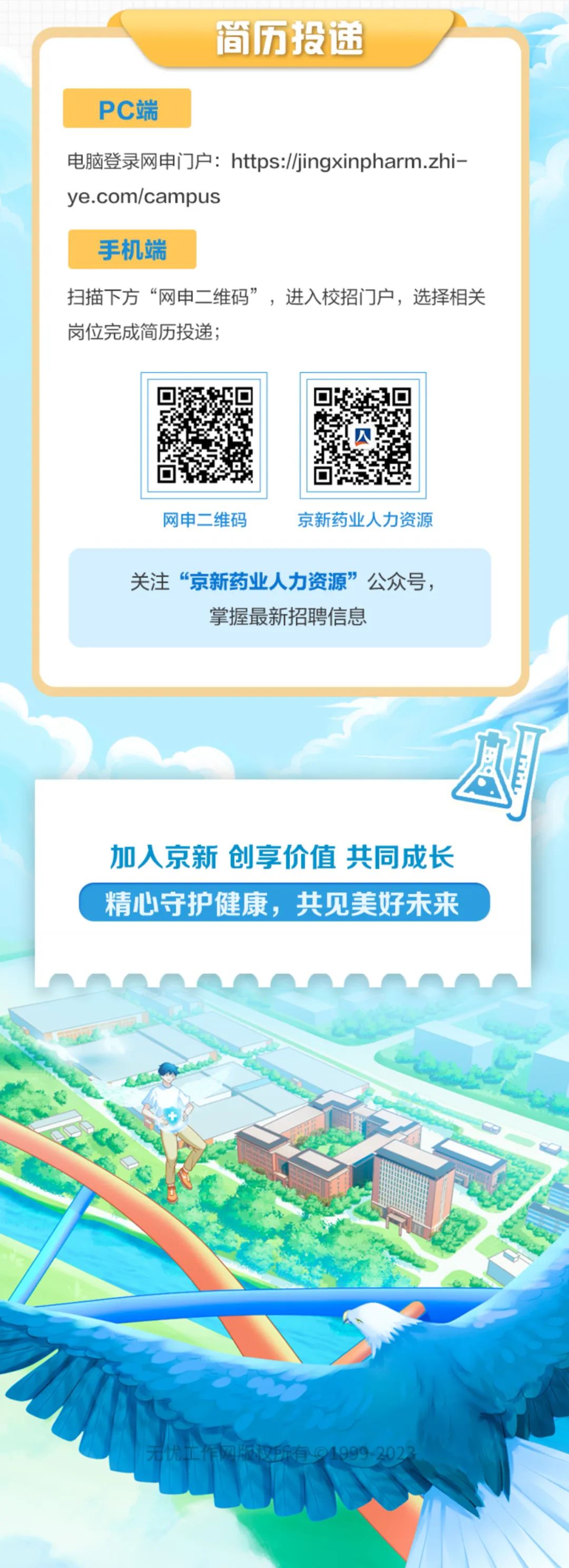 <p>简历投递</p>
<p>PC端</p>
<p>电脑登录网申门户:https://jingxinpharm.zhi-<br/>ye.com/campus</p>
<p>手机端</p>
<p>扫描下方“网申二维码”，进入校招门户，选择相关<br/>岗位完成简历投递;</p>
<p>网申二维码</p>
<p>京新药业人力资源</p>
<p>关注“京新药业人力资源”公众号，</p>
<p>掌最新招聘信息</p>
<p>加入京新创享价值 共同成长<br/>精心守护健康，共见美好未来</p>
