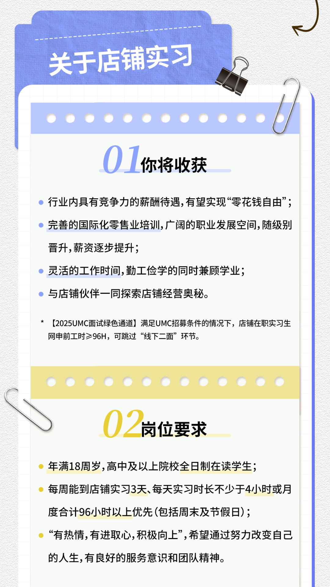 <p>关于店铺实习</p>
<p>01你将收获</p>
<p>行业内具有竞争力的薪酬待遇,有望实现“零花钱自由”;<br/>完善的国际化零售业培训,广阔的职业发展空间,随级别<br/>晋升,薪资逐步提升;</p>
<p>灵活的工作时间,勤工俭学的同时兼顾学业;</p>
<p>与店铺伙伴一同探索店铺经营奥秘。</p>
<p>[2025UMC面试绿色通道]满足UMC招募条件的情况下，店铺在职实习生<br/>网申前工时≥96H，可跳过“线下二面”环节。</p>
<p>02岗位要求</p>
<p>年满18周岁,高中及以上院校全日制在读学生;</p>
<p>每周能到店铺实习3天、每天实习时长不少于4小时或月<br/>度合计96小时以上优先(包括周末及节假日);</p>
<p>“有热情,有进取心,积极向上”,希望通过努力改变自己<br/>的人生,有良好的服务意识和团队精神。</p>
