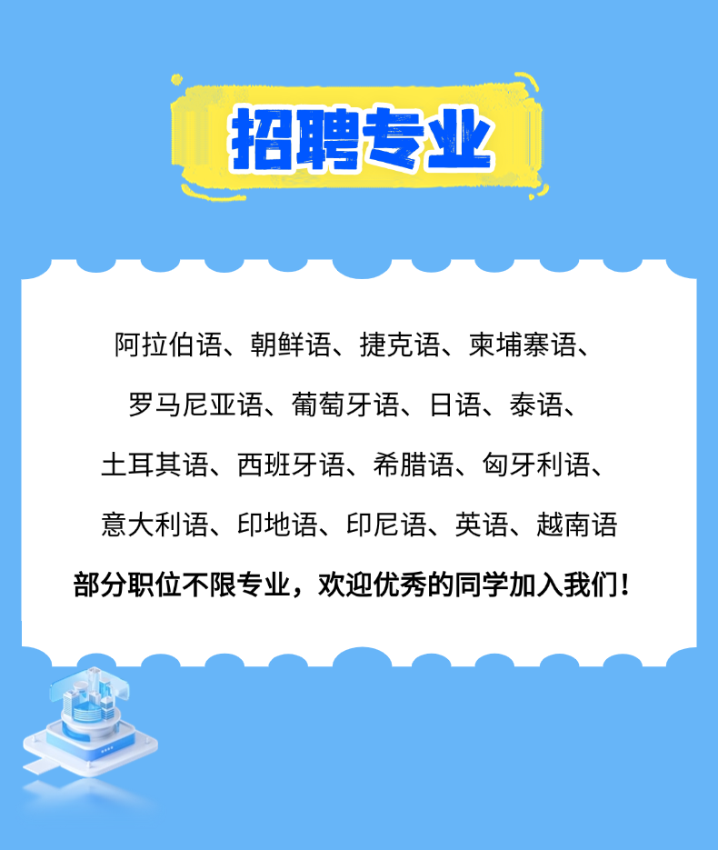 <p>招聘专业</p>
<p>阿拉伯语、朝鲜语、捷克语、柬埔寨语、<br/>罗马尼亚语、葡萄牙语、日语、泰语、<br/>土耳其语、西班牙语、希腊语、匈牙利语、<br/>意大利语、印地语、印尼语、英语、越南语<br/>部分职位不限专业，欢迎优秀的同学加入我们!</p>
