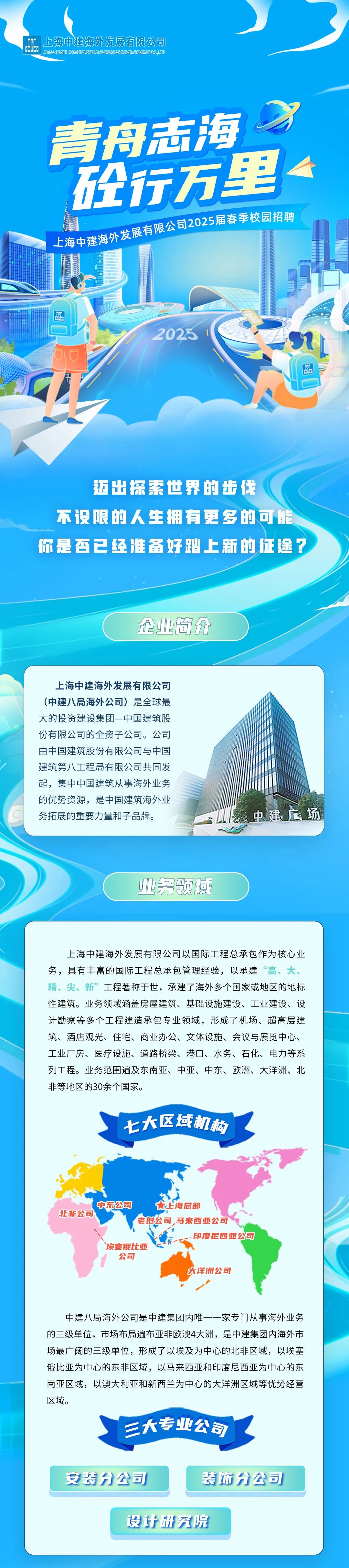 <p>r上海中建海外发展有限公司</p>
<p>CHINASTATE CONSTRUCTIOMOMERSEAS DEMELOPMENTCO LTD</p>
<p>青舟志海<br/>砼行万里<br/>上海中建海外发展有限公司2025届春季校园招聘</p>
<p>2025</p>
<p> </p>
<p>迈出探索世界的步伐</p>
<p>不设限的人生拥有更多的可能<br/>你是否已经准备好踏上新的征途?</p>
<p>企业简介</p>
<p>上海中建海外发展有限公司<br/>(中建八局海外公司)是全球最<br/>大的投资建设集团-中国建筑股<br/>份有限公司的全资子公司。公司<br/>由中国建筑股份有限公司与中国<br/>建筑第八工程局有限公司共同发<br/>起，集中中国建筑从事海外业务<br/>的优势资源，是中国建筑海外业<br/>务拓展的重要力量和子品牌。</p>
<p>中建广场</p>
<p>业务领域</p>
<p>上海中建海外发展有限公司以国际工程总承包作为核心业<br/>务，具有丰富的国际工程总承包管理经验，以承建“高、大<br/>精、尖、新”工程著称于世，承建了海外多个国家或地区的地标<br/>性建筑。业务领域涵盖房屋建筑、基础设施建设、工业建设、设<br/>计勘察等多个工程建造承包专业领域，形成了机场、超高层建<br/>筑、酒店观光、住宅、商业办公、文体设施、会议与展览中心、<br/>工业厂房、医疗设施、道路桥梁、港口、水务、石化、电力等系<br/>列工程。业务范围遍及东南亚、中亚、中东、<br/>欧洲、<br/>、大洋洲、北<br/>非等地区的30余个国家。</p>
<p>七大区域机构</p>
<p>中东公司</p>
<p>大上海总部</p>
<p>北非公司</p>
<p>老挝公司,马来西亚公司</p>
<p>印度尼西亚公司</p>
<p>埃塞俄比亚</p>
<p>公司</p>
<p>大洋洲公司</p>
<p>中建八局海外公司是中建集团内唯一一家专门从事海外业务<br/>的三级单位，市场布局遍布亚非欧澳4大洲，是中建集团内海外市<br/>场最广阔的三级单位，形成了以埃及为中心的北非区域，以埃塞<br/>俄比亚为中心的东非区域，以马来西亚和印度尼西亚为中心的东<br/>南亚区域，以澳大利亚和新西兰为中心的大洋洲区域等优势经营<br/>区域。</p>
<p>三大专业公司</p>
<p>安装分公司</p>
<p>装饰分公司</p>
<p>设计研究院</p>
