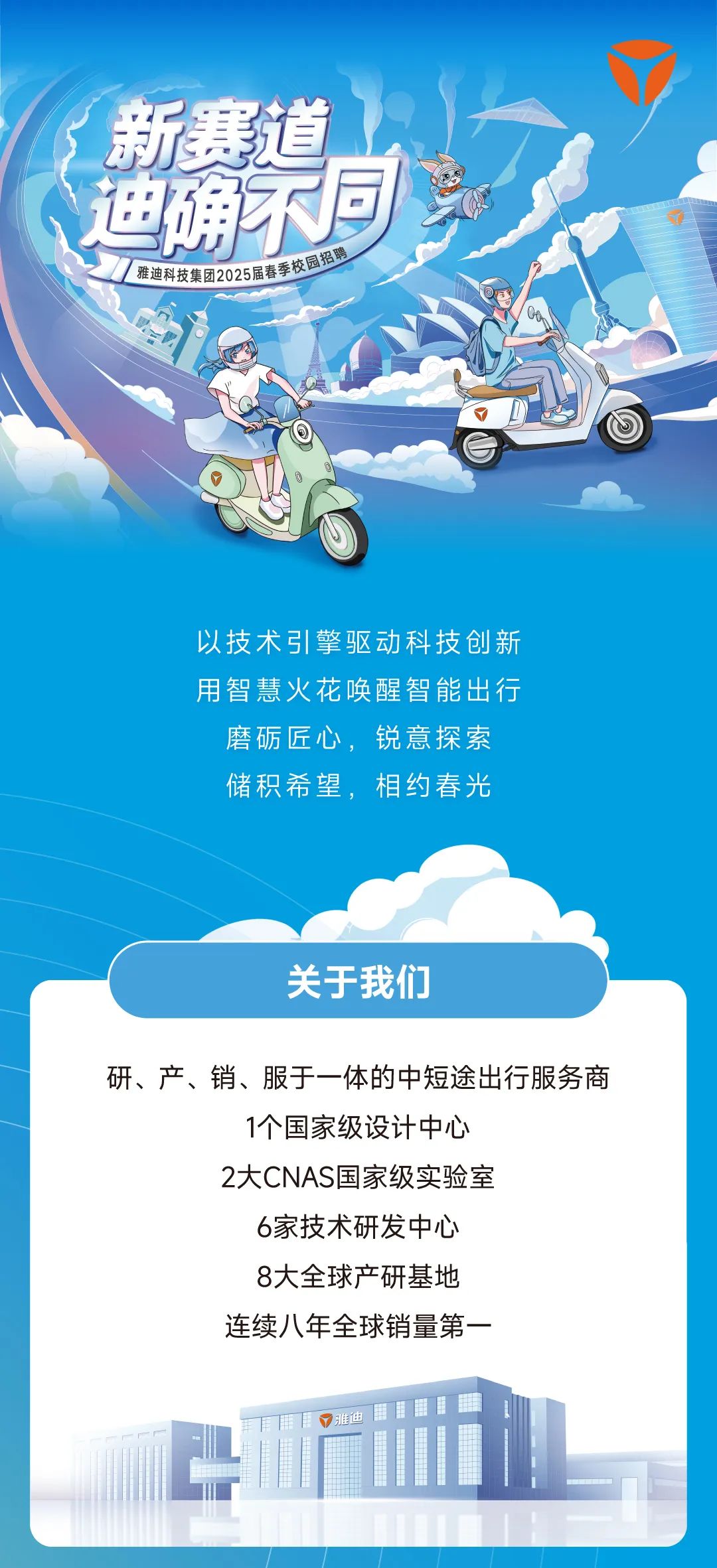 <p>新赛道<br/>迪确不回</p>
<p>雅迪科技集团2025届春季校园招聘</p>
<p>以技术引擎驱动科技创新<br/>用智慧火花唤醒智能出行</p>
<p>磨砺匠心，锐意探索<br/>储积希望，相约春光</p>
<p>关于我们</p>
<p>研、产、销、服于一体的中短途出行服务商</p>
<p>1个国家级设计中心</p>
<p>2大CNAS国家级实验室</p>
<p>6家技术研发中心</p>
<p>8大全球产研基地</p>
<p>连续八年全球销量第一</p>
