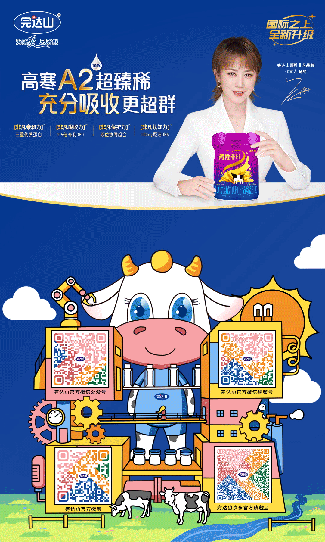 <p>国标之上</p>
<p>全新升级</p>
<p>100%\'完达山菁稚非凡品牌</p>
<p>代言人:马丽</p>
<p>A</p>
<p>充分吸收更超群</p>
<p>[非凡吸收力][非凡保护力]"[非凡认知力] </p>
<p>2.5倍专利0PO双益协同组合100mg藻油DHA</p>
<p>菁稚非凡</p>
<p>.n</p>
<p>完达山官方微博</p>

<table>
<tr><td colspan="2">L,爱达上</td>
<td></td>
<td colspan="2">&rdquo;达十.☐</td>
</tr>
<tr><td colspan="5">完达山官方微信公众号 完达山官方微信视频号完达山</td>
</tr>
<tr><td rowspan="2">回回FI 士中赵 U&rdquo;h☐皆</td>
<td></td>
<td colspan="2"></td>
<td></td>
</tr>
<tr><td></td>
<td colspan="2">☐ 5货。&ldquo;点 尚个爱回 a。</td>
<td></td>
</tr>
<tr><td colspan="4">一外 ( s 完达山京东官方旗舰店</td>
<td>P</td>
</tr>
</table>
