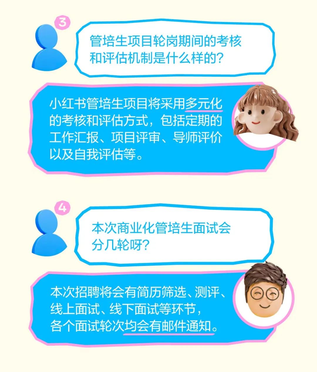 <p> </p>
<p>管培生项目轮岗期间的考核</p>
<p>和评估机制是什么样的?</p>
<p>小红书管培生项目将采用多元化</p>
<p>的考核和评估方式,包括定期的</p>
<p>自我评估等。</p>

<table>
<tr><td>工作以及</td>
<td>C报、项</td>
<td>目评审、导师评价</td>
</tr>
<tr><td colspan="3">4本次商业化管培生面试会分几轮呀?</td>
</tr>
<tr><td colspan="3">本次招聘将会有简历筛选、测评、线上面试、线下面试等环节,各个面试轮次均会有邮件通知。</td>
</tr>
</table>
