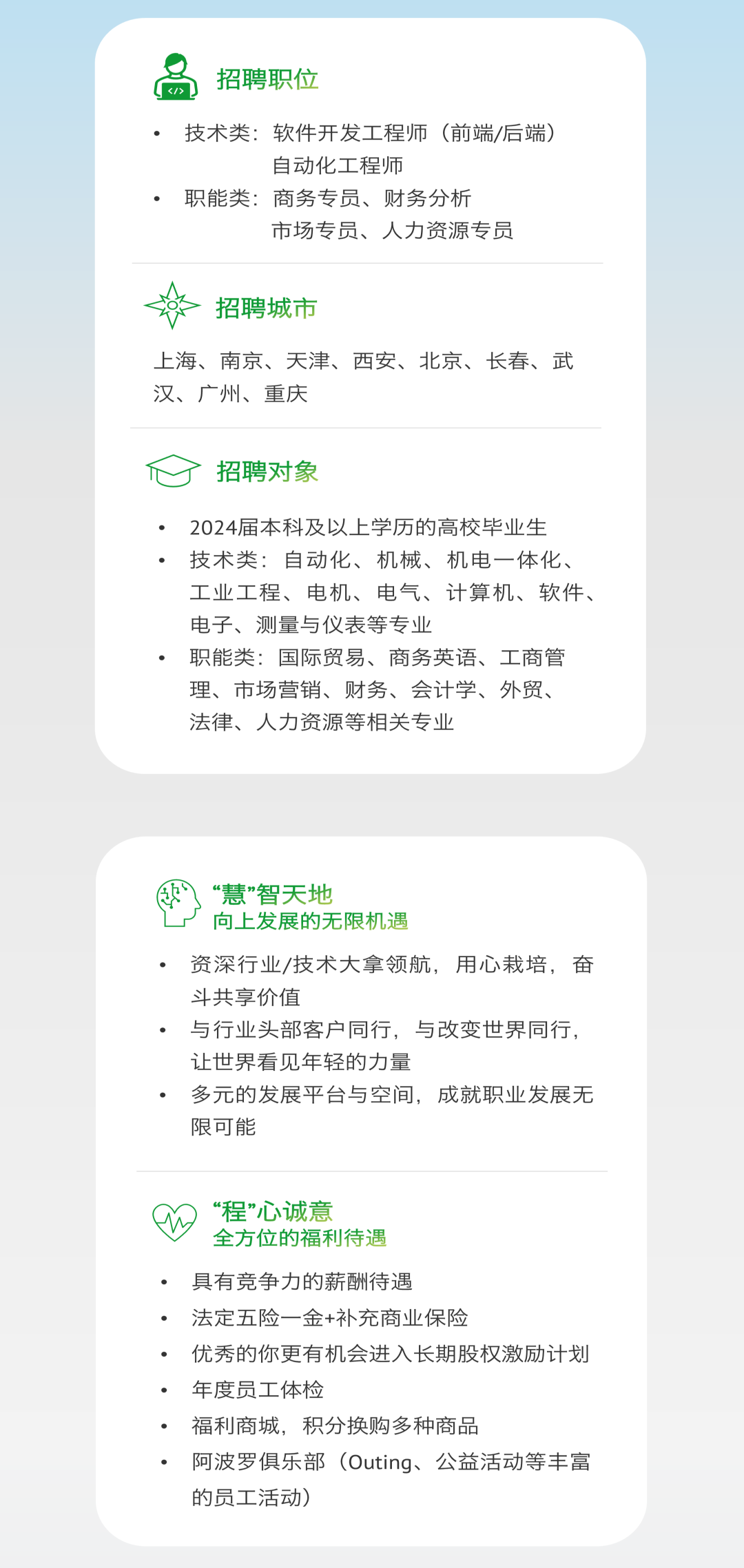 <p>></p>
<p>招聘职位</p>
<p>技术类:软件开发工程师(前端/后端)</p>
<p>自动化工程师</p>
<p>职能类:商务专员、财务分析</p>
<p>市场专员、人力资源专员</p>
<p>招聘城市</p>
<p>上海、南京、天津、西安、北京、长春、武<br/>汉、广州、重庆</p>
<p>招聘对象</p>
<p>2024届本科及以上学历的高校毕业生<br/>技术类:自动化、机械、机电一体化、<br/>工业工程、电机、电气、计算机、软件、<br/>电子、测量与仪表等专业</p>
<p>职能类:国际贸易、商务英语、工商管<br/>理、市场营销、财务、会计学、外贸、<br/>法律、人力资源等相关专业</p>
<p>“慧”智天地</p>
<p>向上发展的无限机遇</p>
<p>资深行业/技术大拿领航，用心栽培，奋<br/>斗共享价值</p>
<p>与行业头部客户同行，与改变世界同行，<br/>让世界看见年轻的力量</p>
<p>多元的发展平台与空间，成就职业发展无<br/>限可能</p>
<p>“程”心诚意</p>
<p>全方位的福利待遇</p>
<p>具有竞争力的薪酬待遇</p>
<p>法定五险一金+补充商业保险</p>
<p>优秀的你更有机会进入长期股权激励计划<br/>年度员工体检</p>
<p>福利商城，积分换购多种商品</p>
<p>阿波罗俱乐部(Outing、公益活动等丰富<br/>的员工活动)</p>

