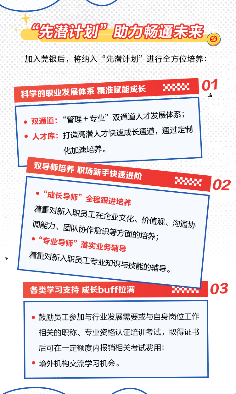 <p>“先潜计划”助力畅通未来</p>
<p>加入莞银后,将纳入“先潜计划”。 进行全方位培养:</p>
<p>” 科学的职业发展体系精准赋能成长</p>

<table>
<tr><td>双通道: “管理+专业”双通道人才发展体系;。人才库:打违高潜人才快速成长通道,通过定制化加速培养。双 导师培养 职场新手快速进阶</td>
</tr>
<tr><td> “成长导师” 全程跟进培养着重对新入职员1 在企业文化、 价值观、沟通协调能力、 团队协作意 识等方面的培养; “专业导师”落实业务辅导最他对所人职既着如职战搬的辑导。</td>
</tr>
<tr><td>各类学习支持成长buff拉满 O</td>
</tr>
<tr><td> 鼓励员工参加与行业发展需要或与自身岗位工作相关的职称、专业资格认证培训考试,取得证书后可在一定额度内报销相关考试费用; 境外机构交流学习机会。</td>
</tr>
</table>
