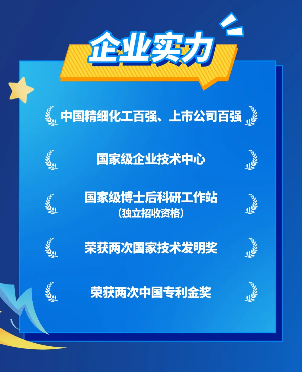 <p>企业实力</p>
<p>中国精细化工百强、<br/>上市公司百强</p>
<p>国家级企业技术中心</p>
<p>国家级博士后科研工作站</p>
<p>(独立招收资格)</p>
<p>荣获两次国家技术发明奖</p>
<p>荣获两次中国专利金奖</p>