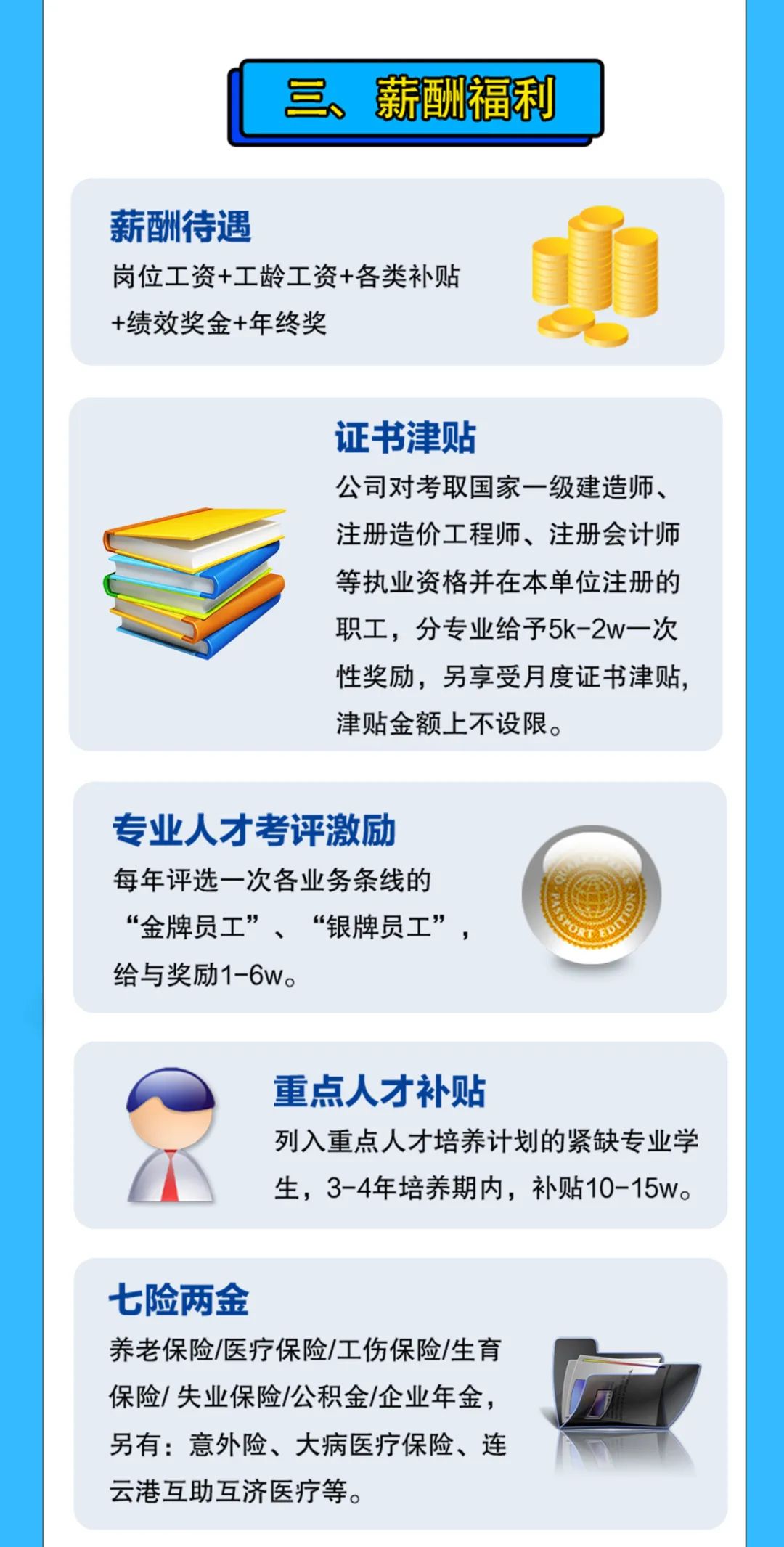 <p>三、薪酬福利</p>

<table>
<tr><td>薪酬待遇岗位工资+工龄工资+各类补贴+绩效奖金+年终奖</td>
</tr>
<tr><td></td>
</tr>
<tr><td>证书津贴公司对考取国家一级建造师、注册造价工程师、注册会计师等执业资格并在本单位注册的S 职工,分专业给予5k-2w-次性奖励,另享受月度证书津贴,津贴金额上不设限。</td>
</tr>
<tr><td></td>
</tr>
<tr><td>专业人才考评激励每年评选一次各业务条线的“金牌员工”、“银牌员工”,给与奖励1-6w。</td>
</tr>
<tr><td></td>
</tr>
<tr><td>重点人才补贴列入重点人才培养计划的紧缺专业学生,3-4年培养期内,补贴10-15w。</td>
</tr>
<tr><td></td>
</tr>
<tr><td>七险两金养老保险/医疗保险/工伤保险/生育厂保险/失业保险/公积金/企业年金, D另有:意外险、大病医疗保险、连 D云港互助互济医疗等。</td>
</tr>
</table>
