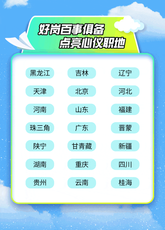 <p>婚岗巨事俱备</p>
<p>点亮心仪职地</p>
<p>黑龙江吉林辽宁</p>
<p>天津北京河北</p>
<p>河南山东福建</p>
<p>珠三角广东晋蒙</p>
<p>陕宁甘青藏新疆</p>
<p>湖南重庆四川</p>
<p>贵州云南桂海</p>
