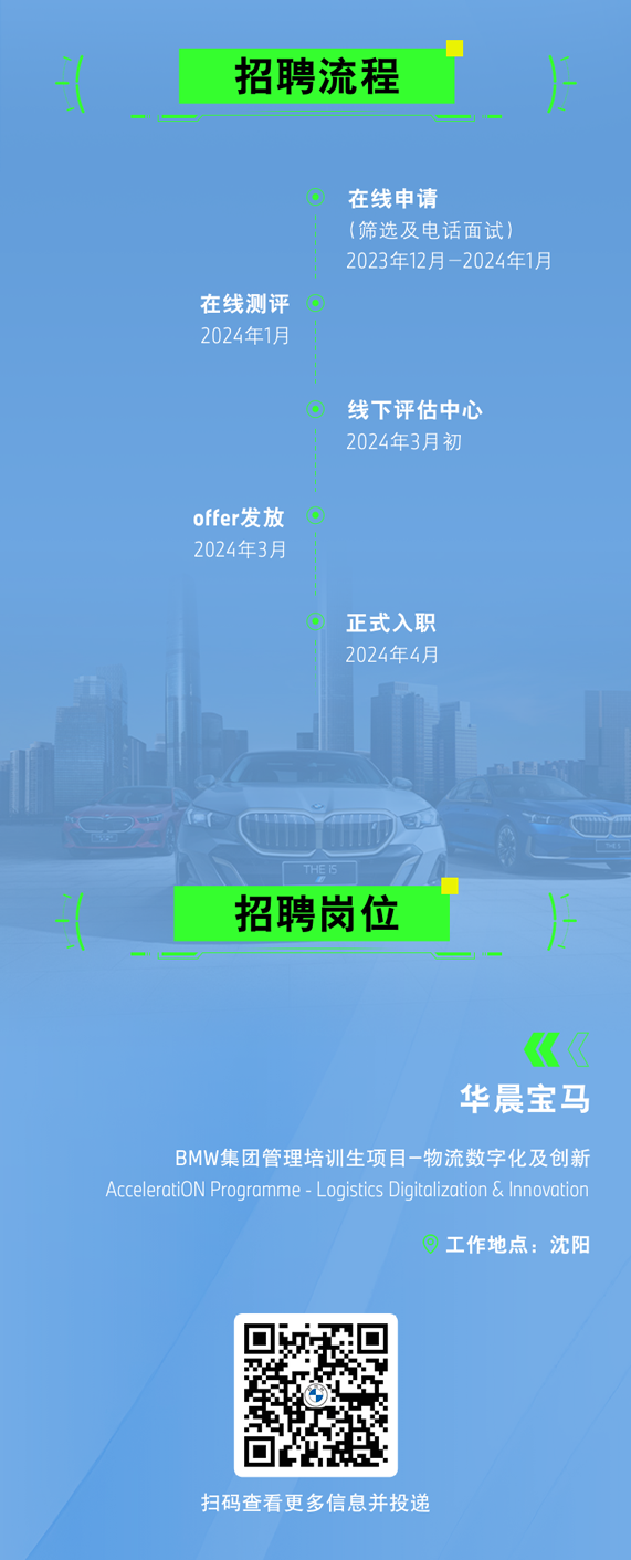 <p>招聘流程</p>
<p>在线测评<br/>2024年1月</p>
<p>在线申请</p>
<p>(筛选及电话面试)</p>
<p>2023年12月-2024年1月</p>
<p>线下评估中心<br/>2024年3月初</p>
<p>offer发放<br/>2024年3月</p>
<p>正式入职<br/>2024年4月</p>
<p>招聘岗位</p>
<p>华晨宝马</p>
<p>BMW集团管理培训生项目-物流数字化及创新</p>
<p>AcceleratiON Programme-Logistics Digitalization &Innovation</p>
<p>工作地点:沈阳</p>
<p>扫码查看更多信息并投递</p>
