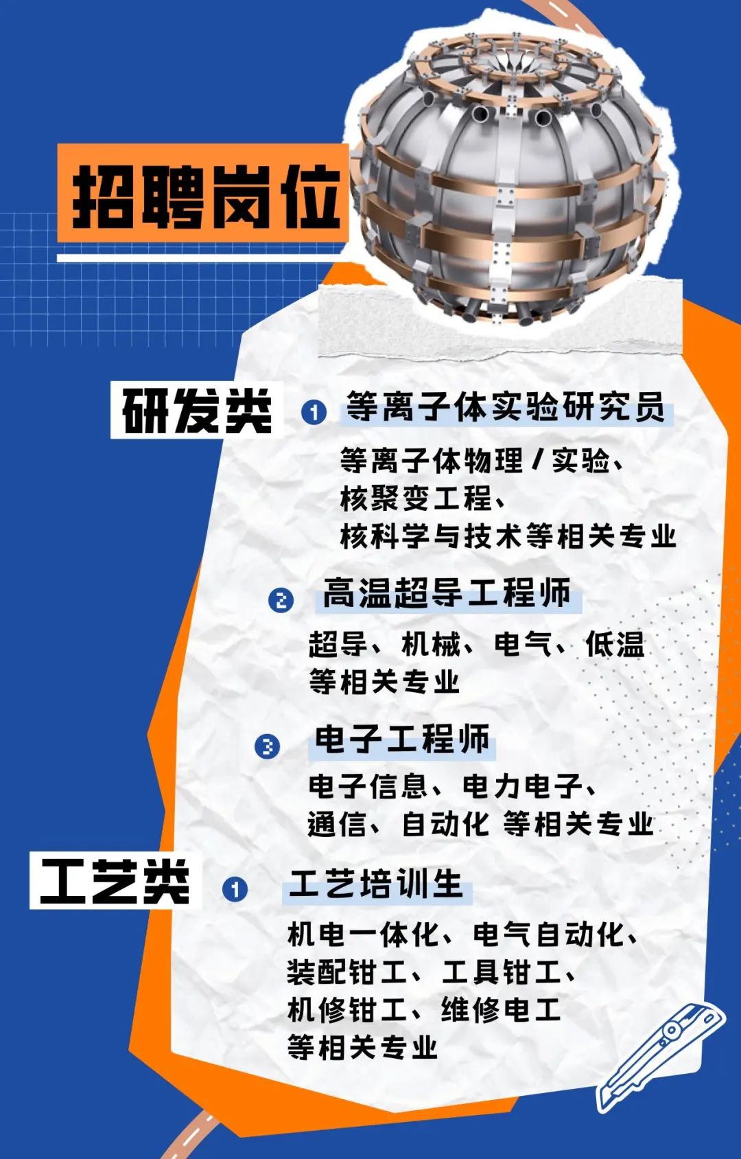 <p>招聘岗位</p>
<p>研发类:。等离子体实验研究员</p>
<p>等离子体物理/实验、</p>
<p>核聚变工程、</p>
<p>核科学与技术等相关专业</p>
<p>高温超导工程师</p>
<p>超导、机械、电气、低温</p>
<p>等相关专业</p>
<p> 电子工程师</p>
<p>电子信息、电力电子、</p>
<p>通信、自动化等相关专业</p>
<p>工艺类。工艺培训生</p>
<p>机电一体化、电气自动化、</p>
<p>装配钳工、工具钳工、</p>
<p>机修钳工、维修电工</p>
<p>等相关专业</p>
