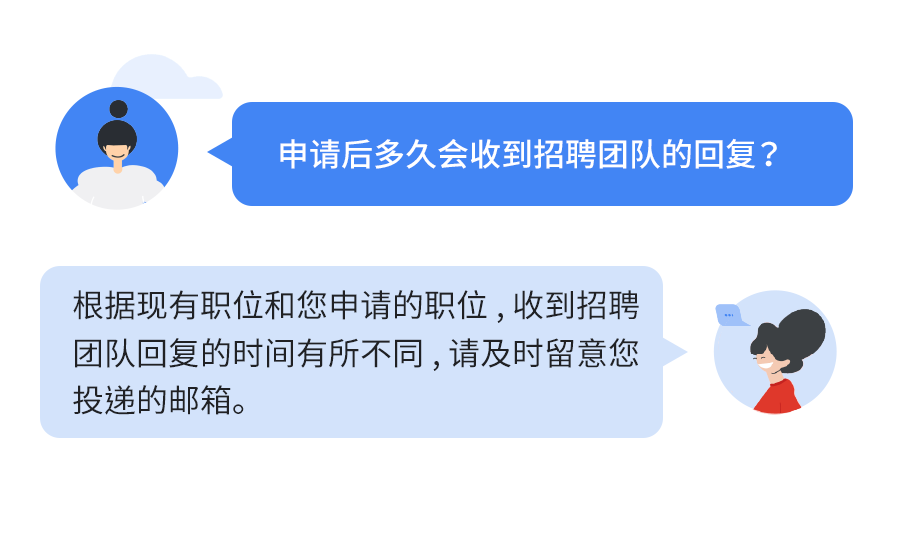 <p>申请后多久会收到招聘团队的回复?</p>
<p>根据现有职位和您申请的职位，收到招聘<br/>团队回复的时间有所不同，请及时留意您<br/>投递的邮箱。</p>
